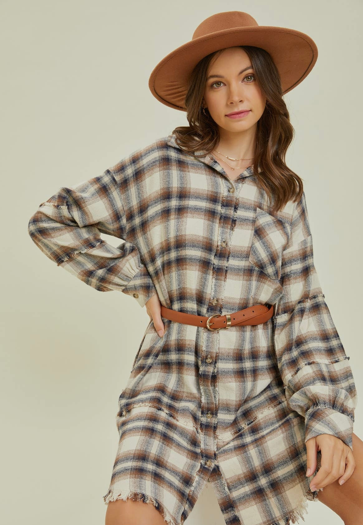 Washed Plaid Button-Down Shirt Dress/Layer