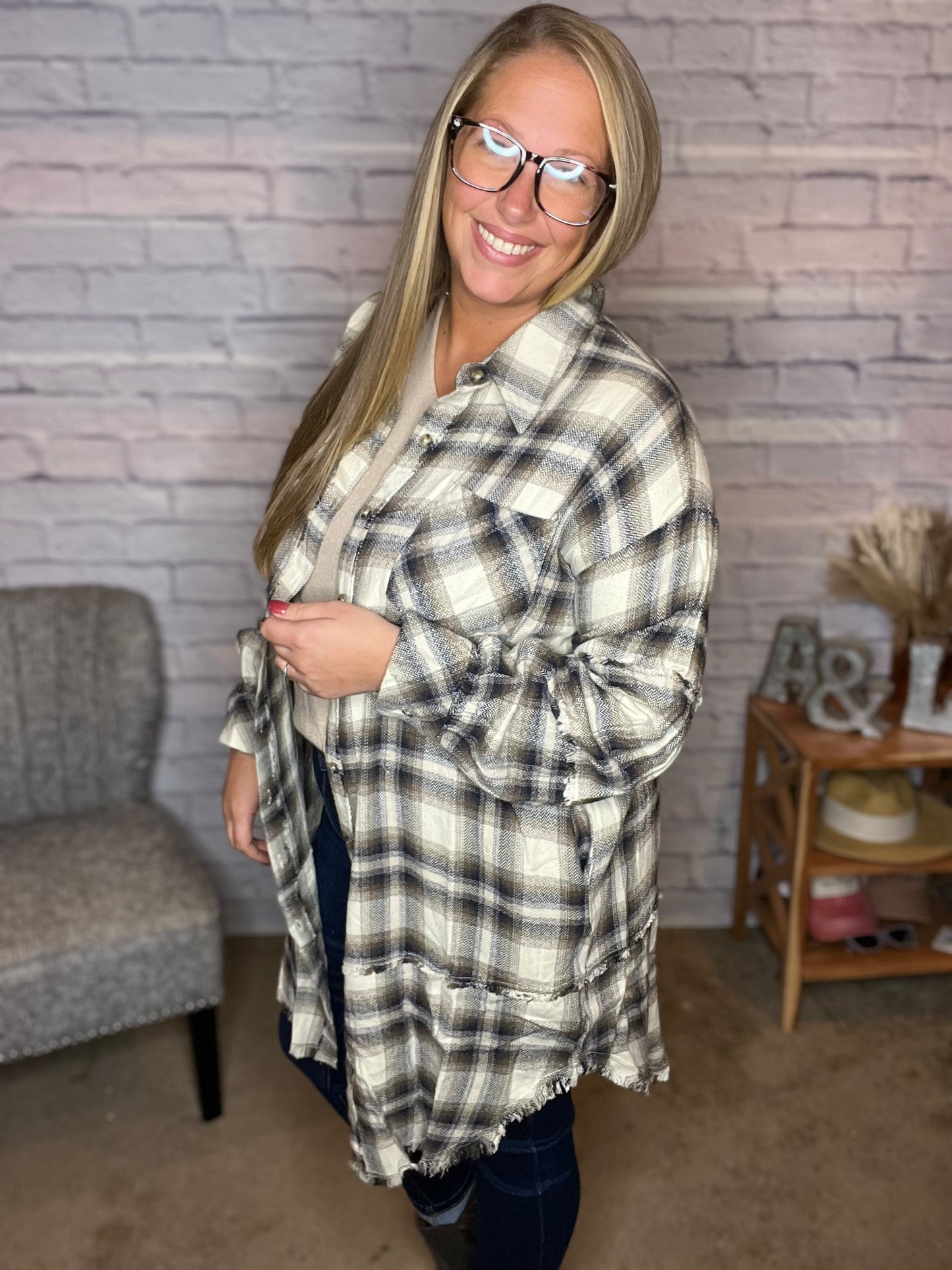 Washed Plaid Button-Down Shirt Dress/Layer
