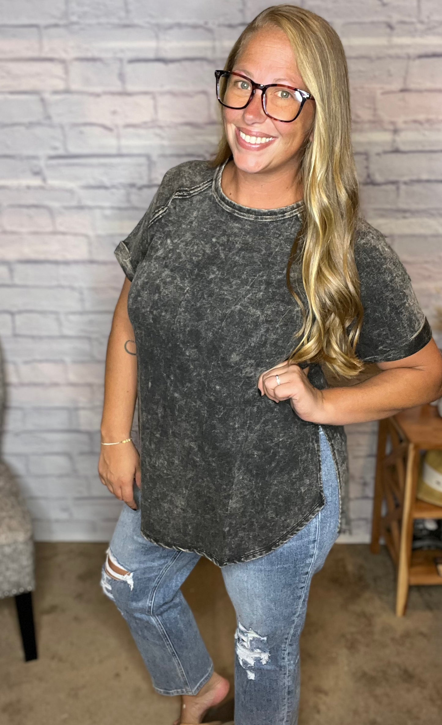 French Terry Washed Cuff Sleeve Top