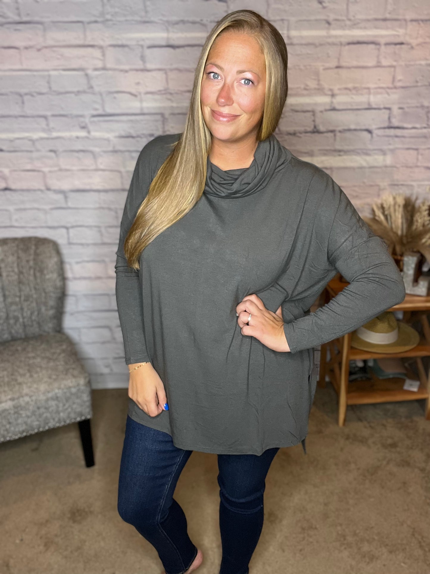 Cowl Neck Long Sleeve Hi-Low Top