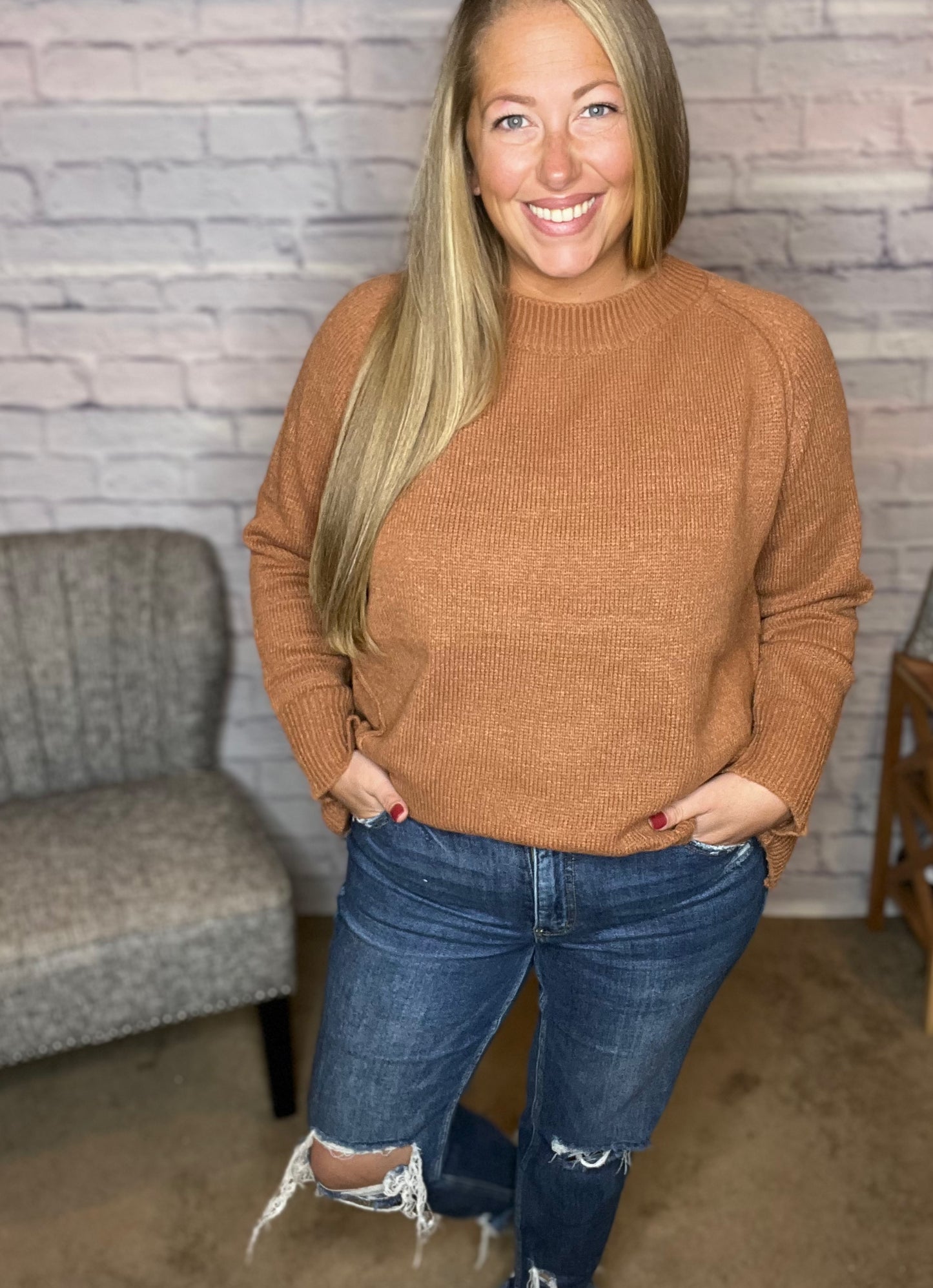Long Sleeve Round Neck Uneven Hem Sweater