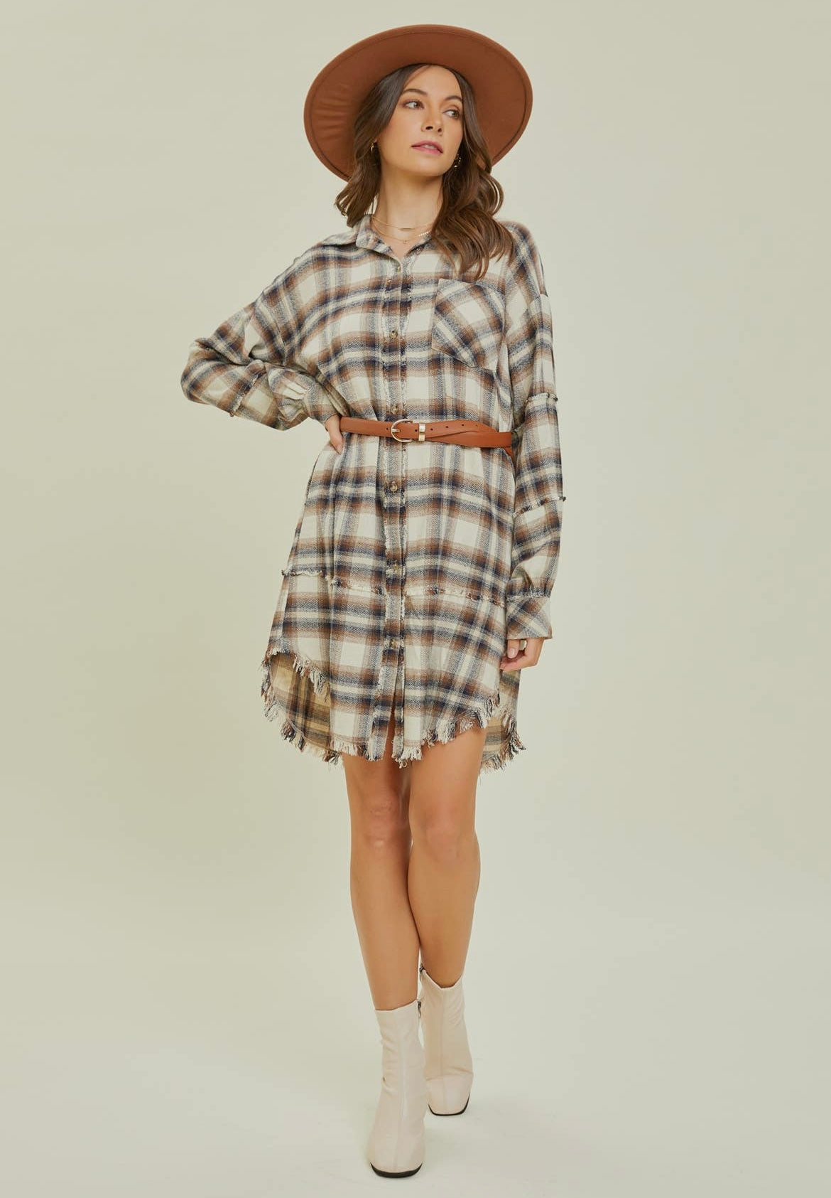 Washed Plaid Button-Down Shirt Dress/Layer