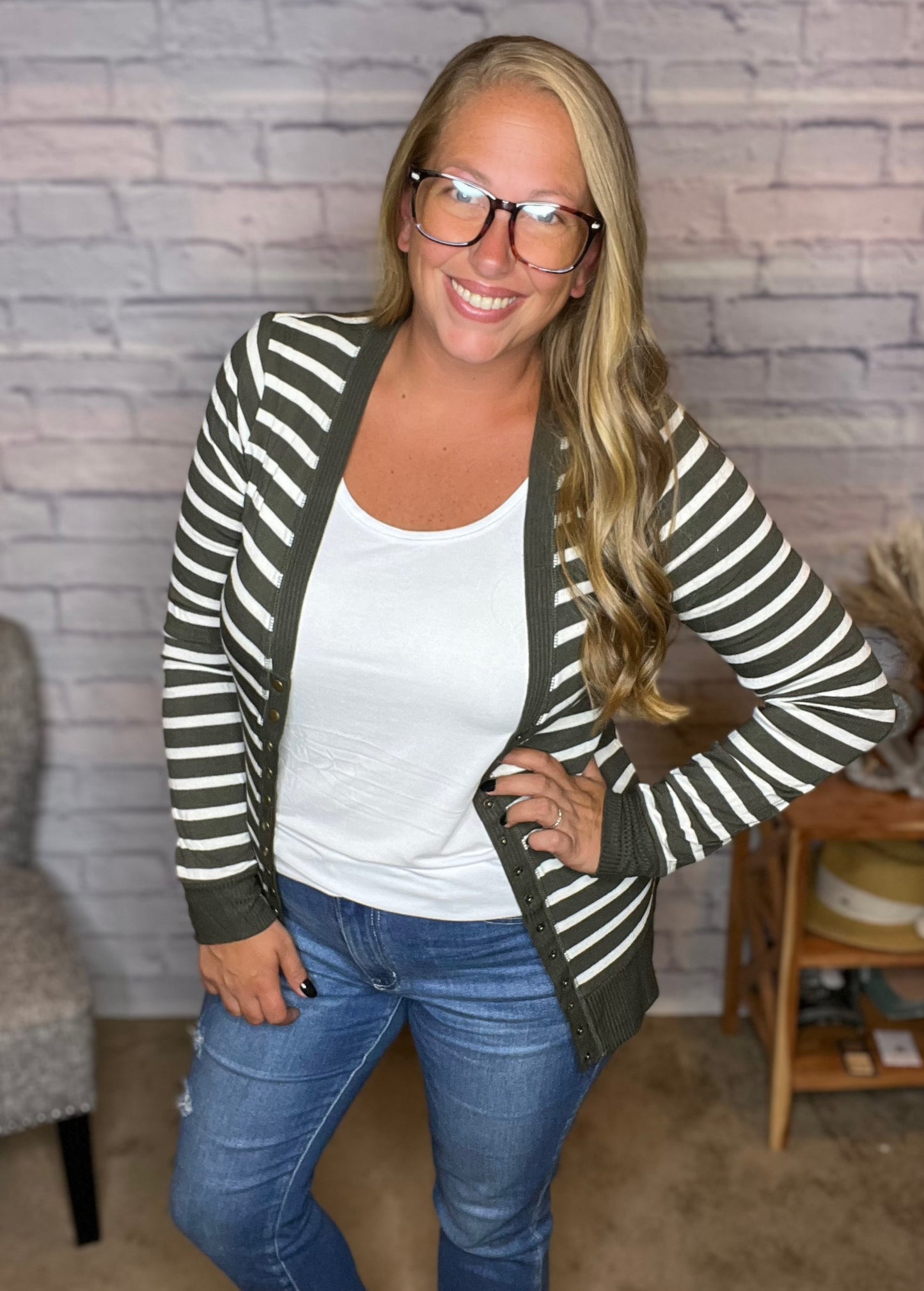 Zenana Olive Striped Snap Down Cardigan
