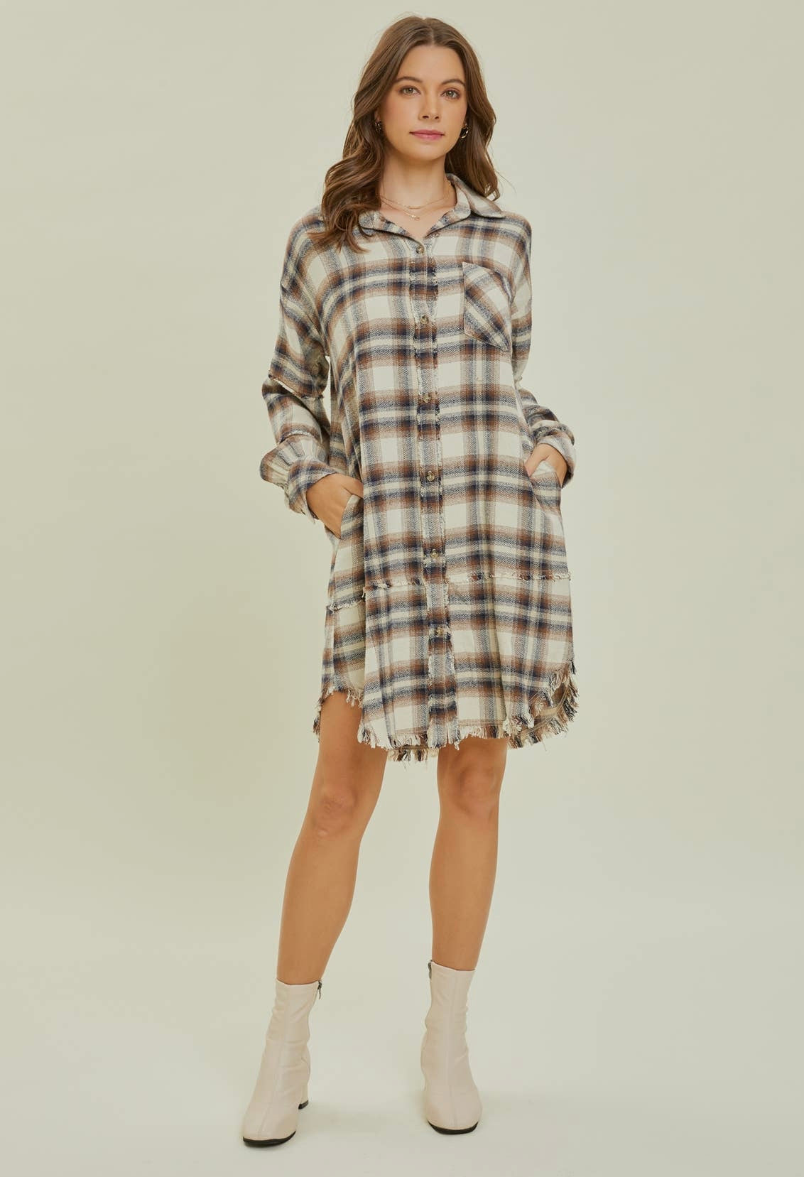 Washed Plaid Button-Down Shirt Dress/Layer