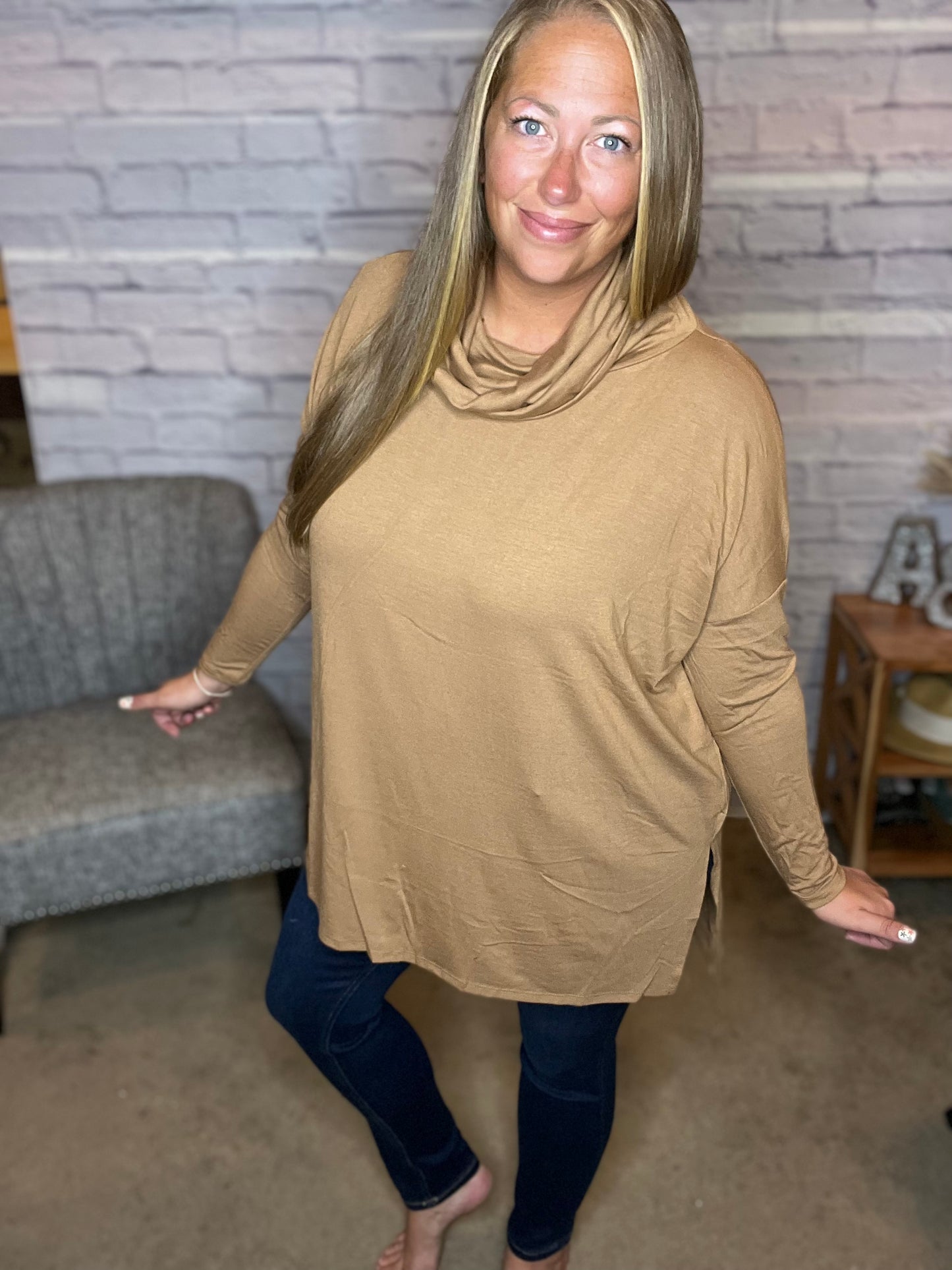 Cowl Neck Long Sleeve Hi-Low Top