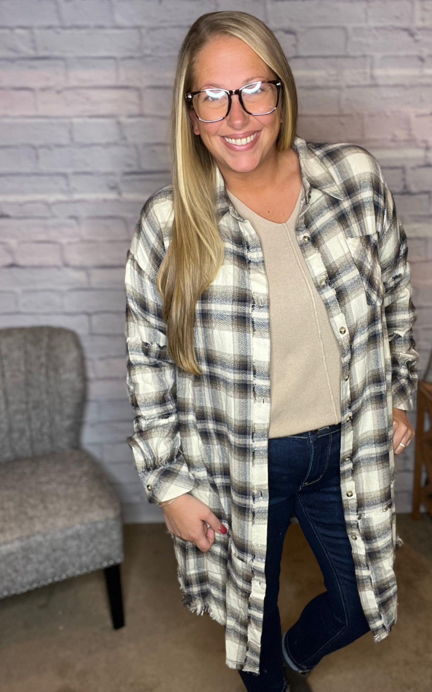 Washed Plaid Button-Down Shirt Dress/Layer