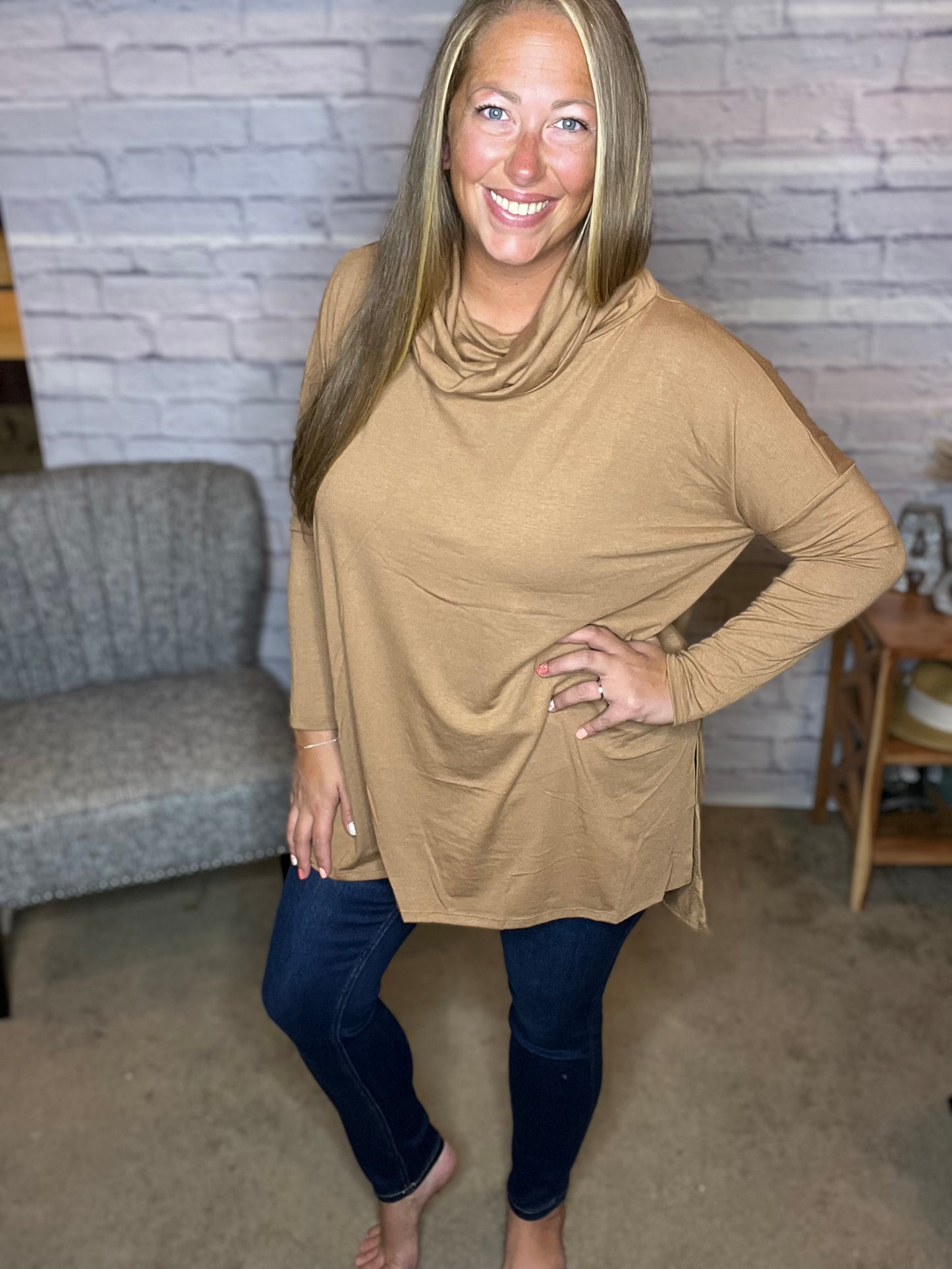 Cowl Neck Long Sleeve Hi-Low Top