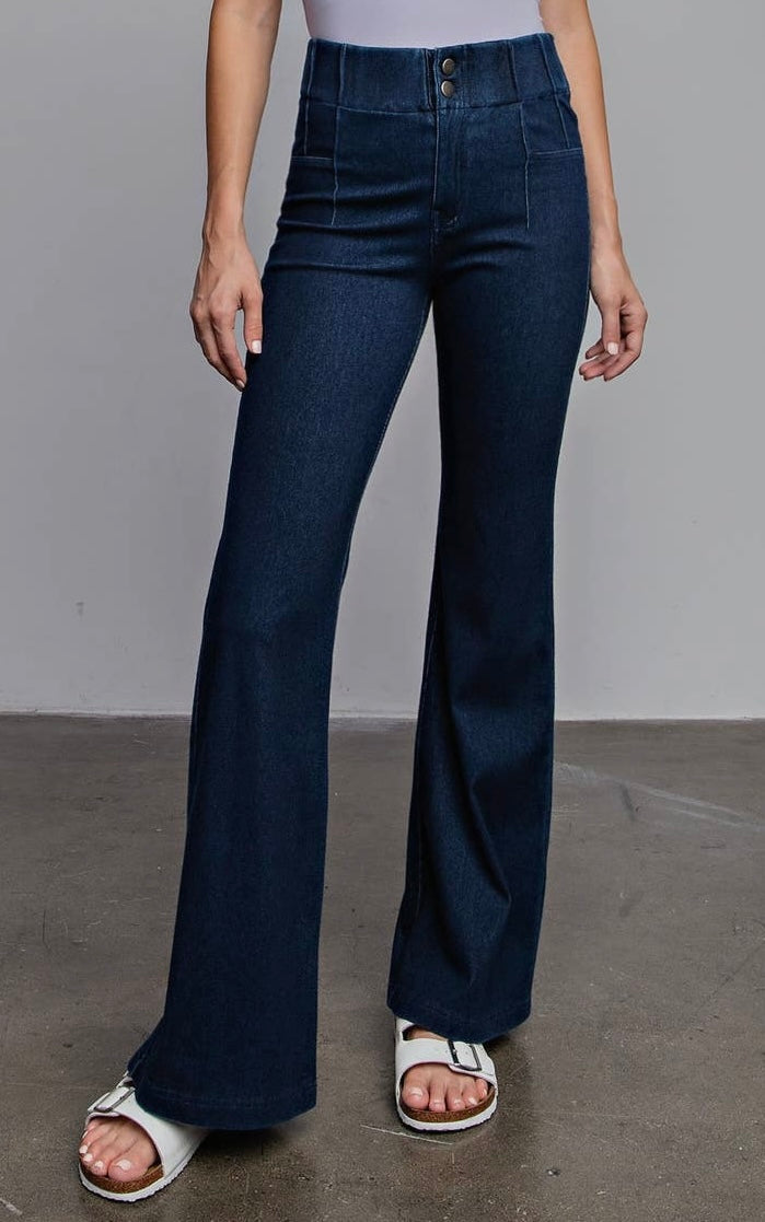 Cotton Stretch Twill Flared Pintuck Pants