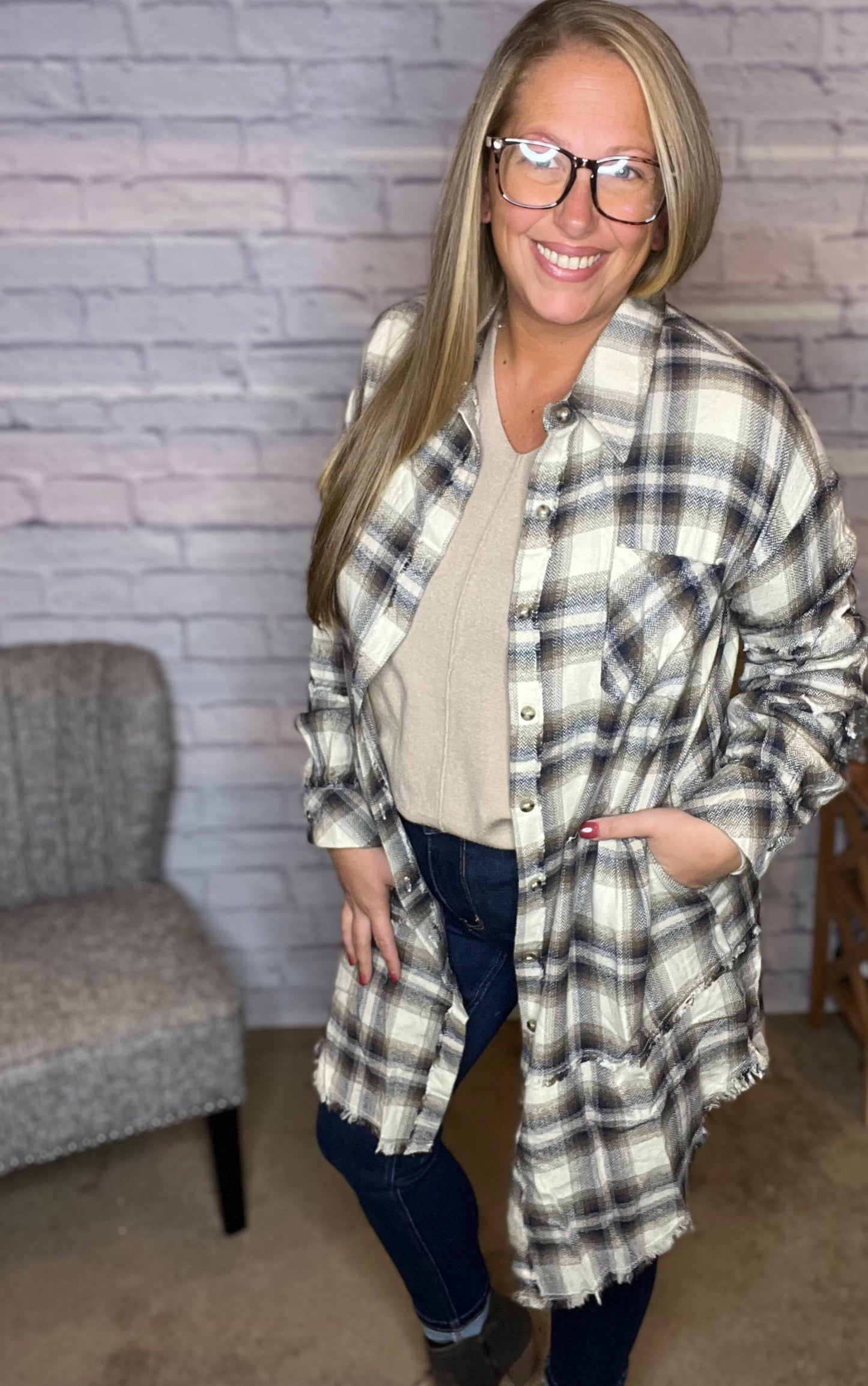 Washed Plaid Button-Down Shirt Dress/Layer