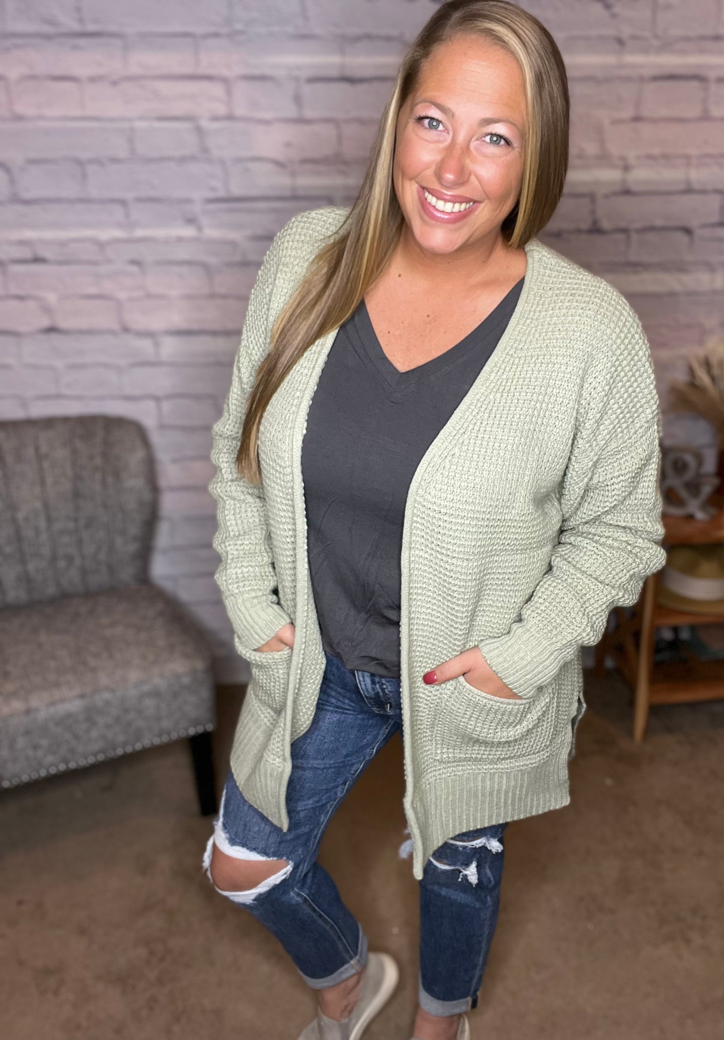 Light Sage Waffle Cardi