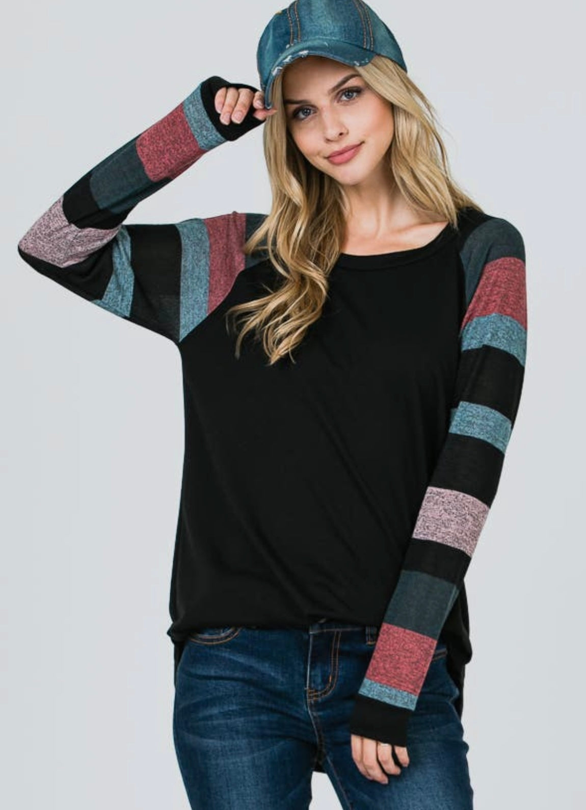 Striped Sleeves Knit Long Sleeve Tee