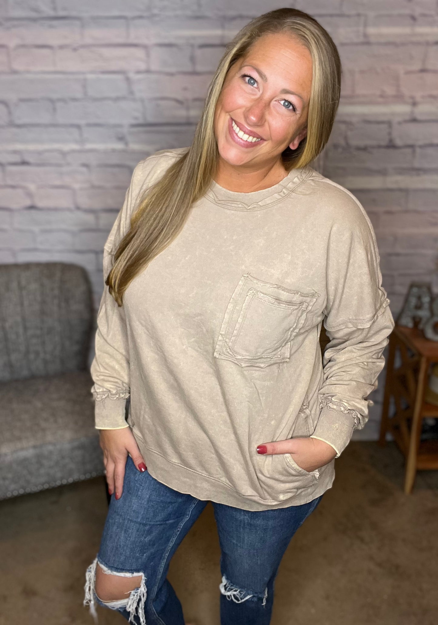 French Terry Acid Wash Raw Edge Front Pocket Pullover - 2 Color Options!