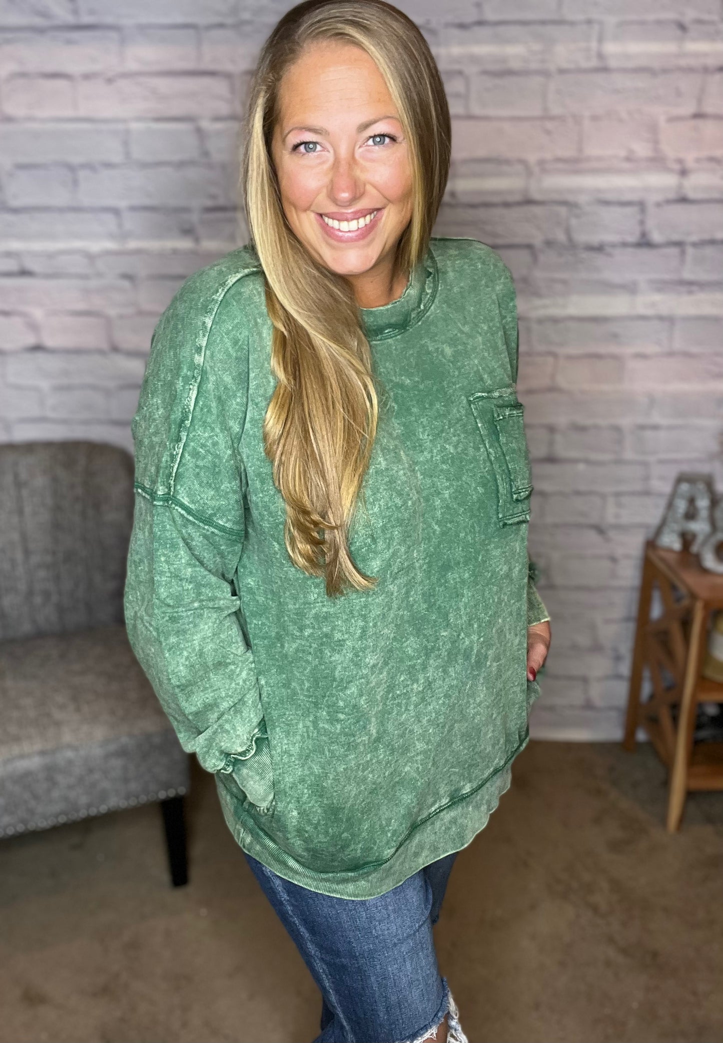 French Terry Acid Wash Raw Edge Front Pocket Pullover - 2 Color Options!