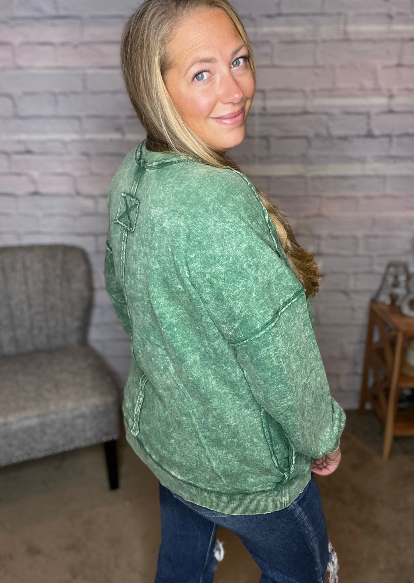 French Terry Acid Wash Raw Edge Front Pocket Pullover - 2 Color Options!