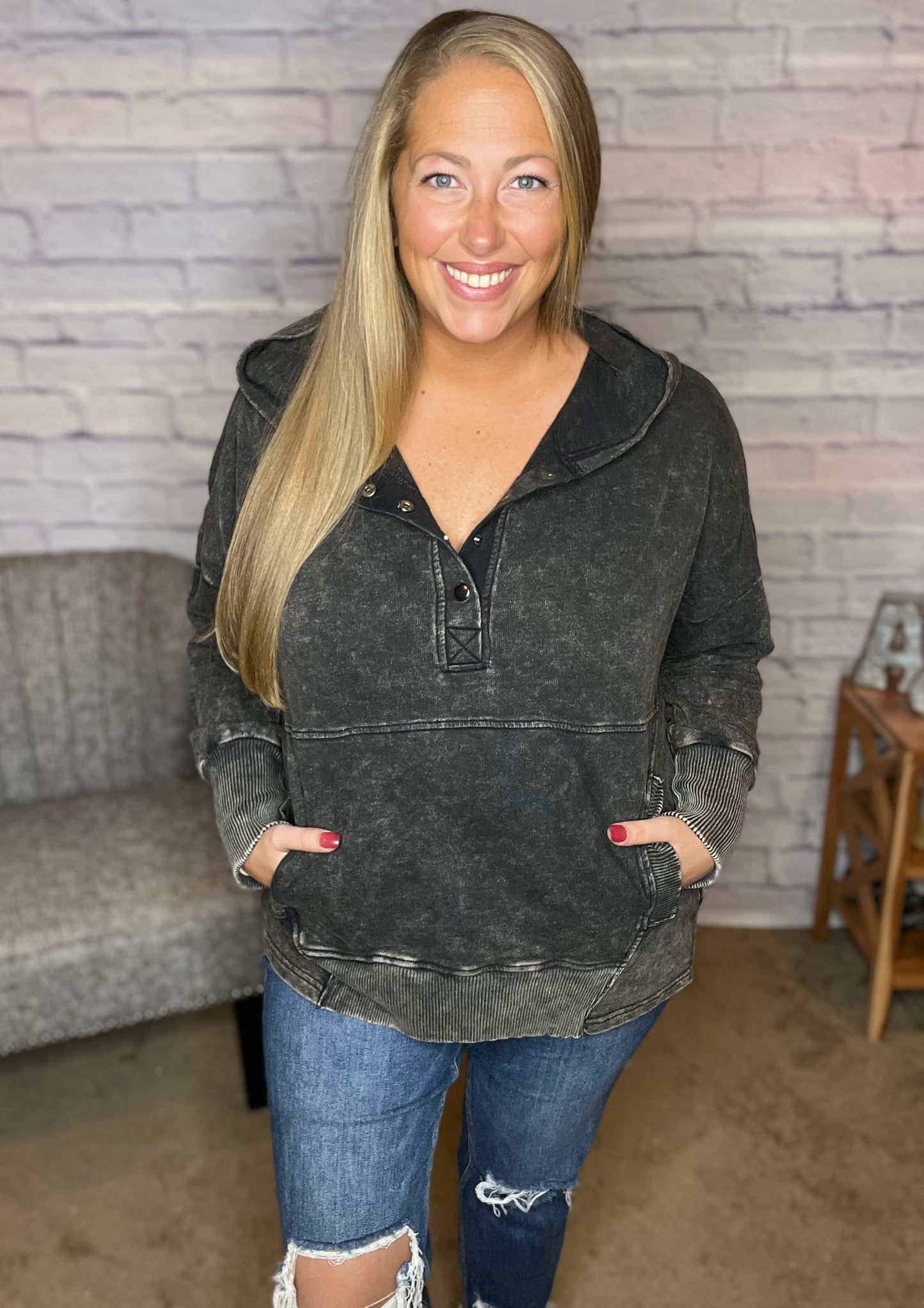 French Terry Acid Wash Kangaroo Pocket Hoodie - 2 Color Options!