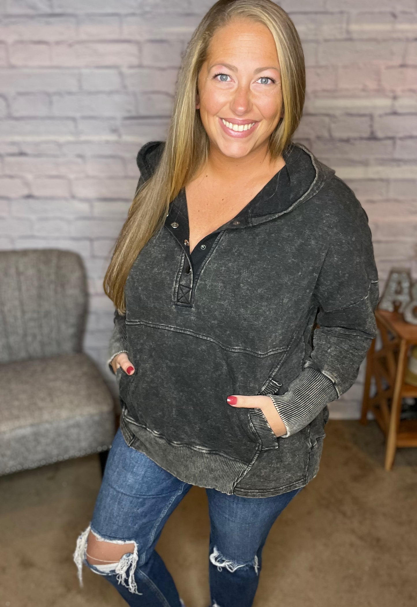 French Terry Acid Wash Kangaroo Pocket Hoodie - 2 Color Options!