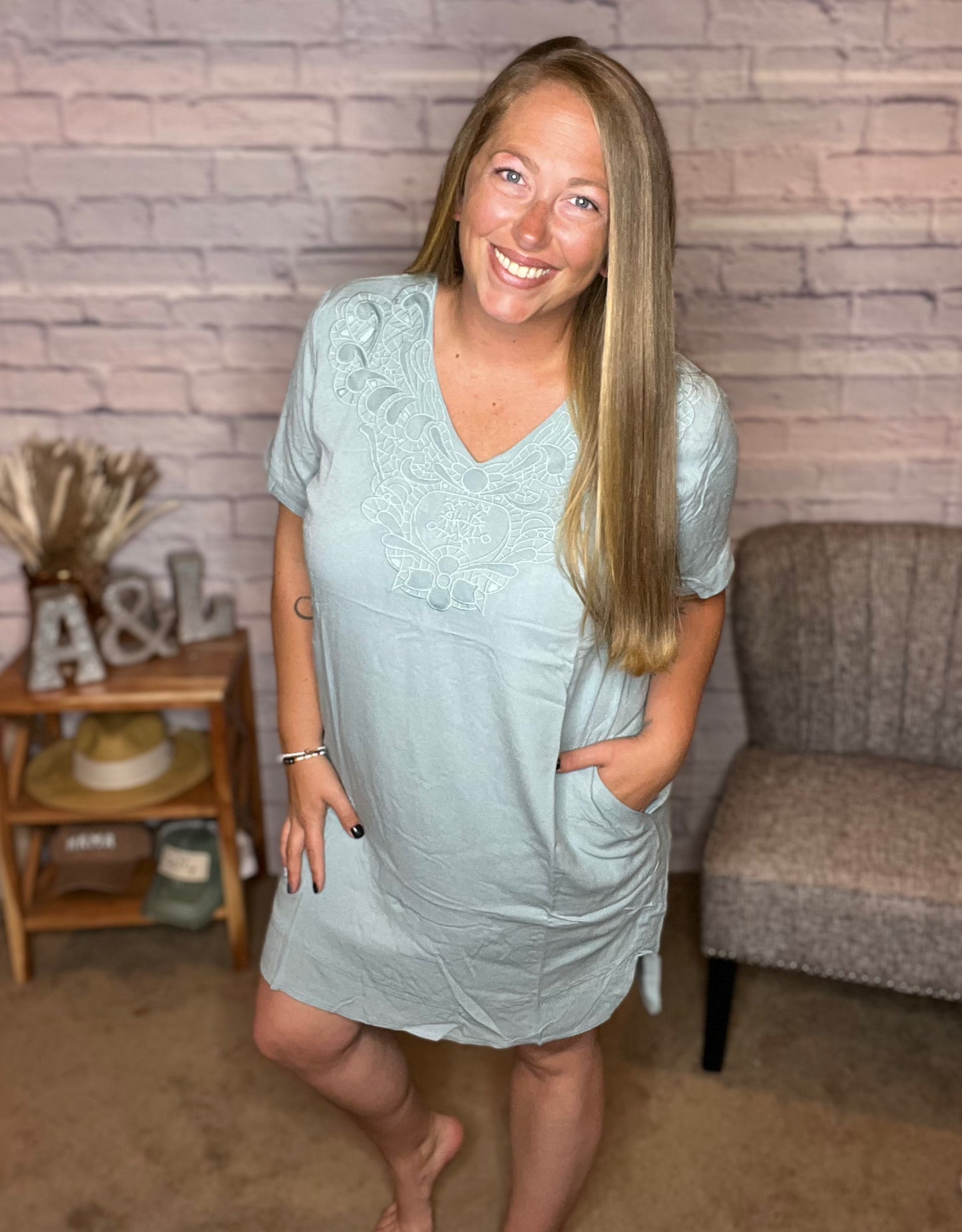Solid Embroidered Tee Dress