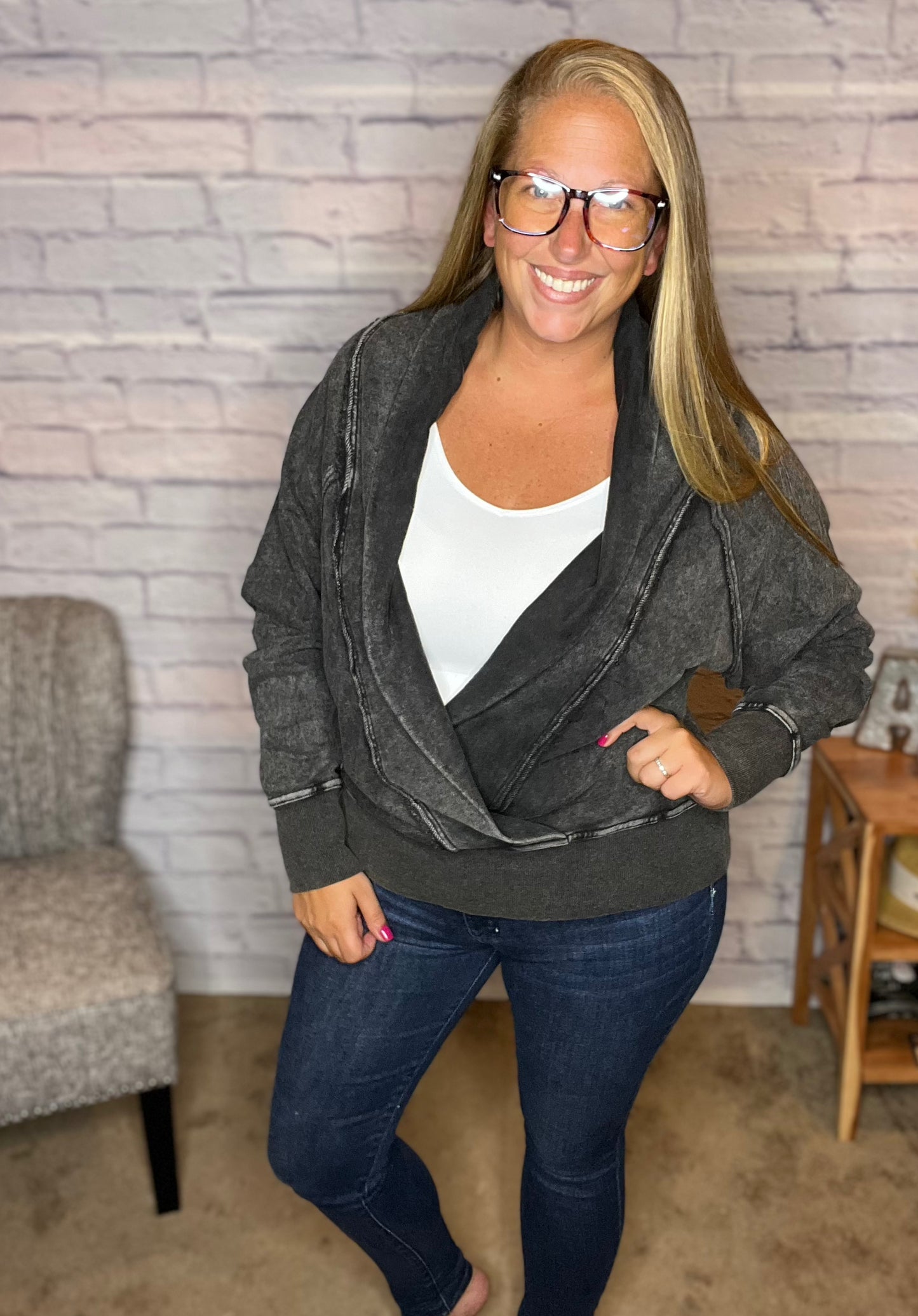 Western Washed French Terry Wrap Pullover