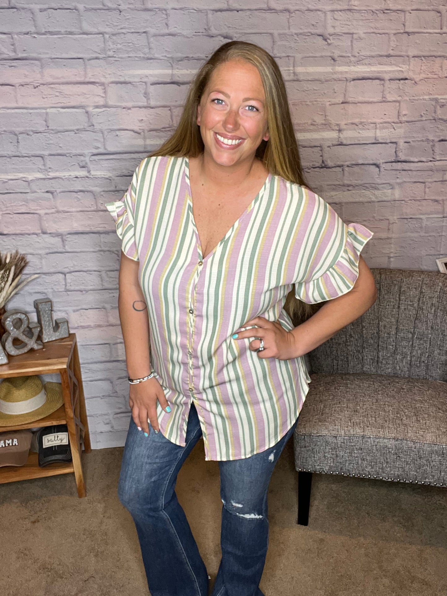 Ruffled Multi Color Stripe Top