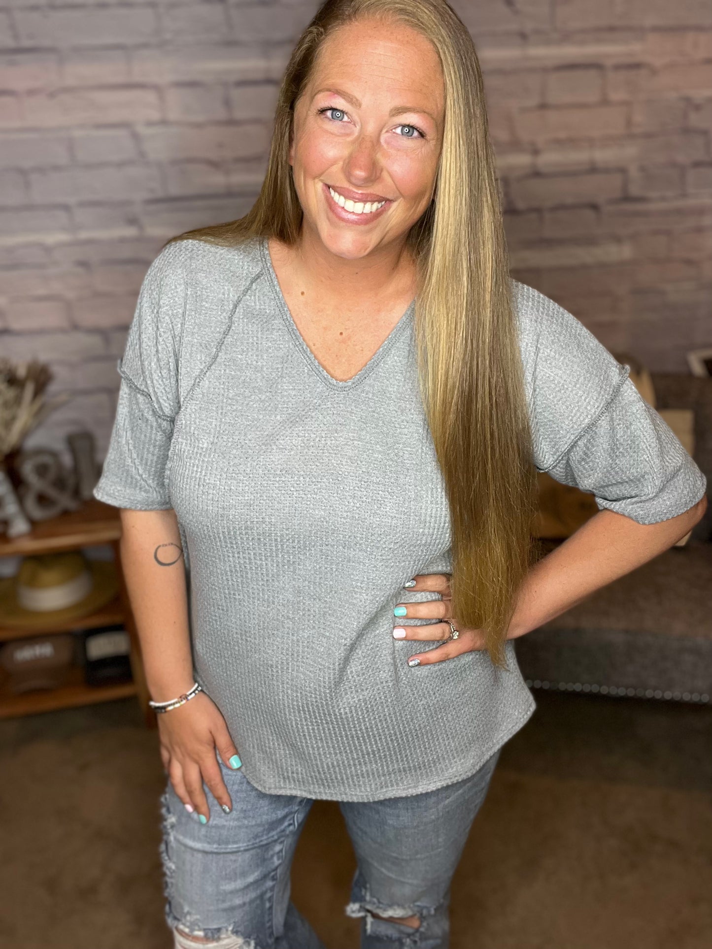 Half Sleeve Solid Waffle Top With Stitch