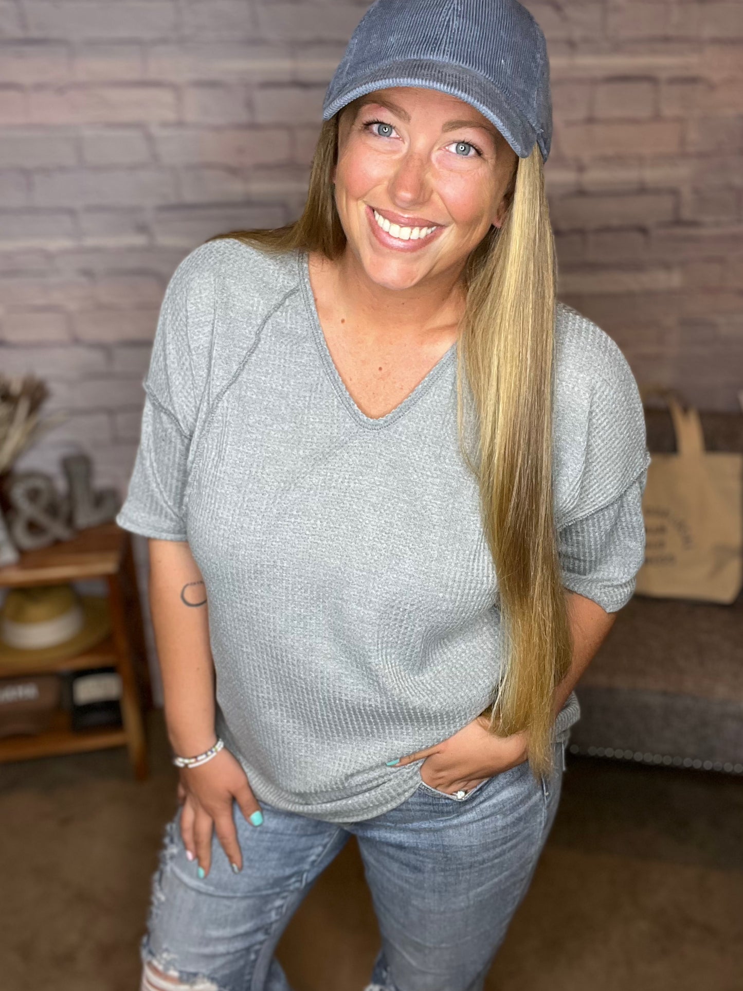 Half Sleeve Solid Waffle Top With Stitch