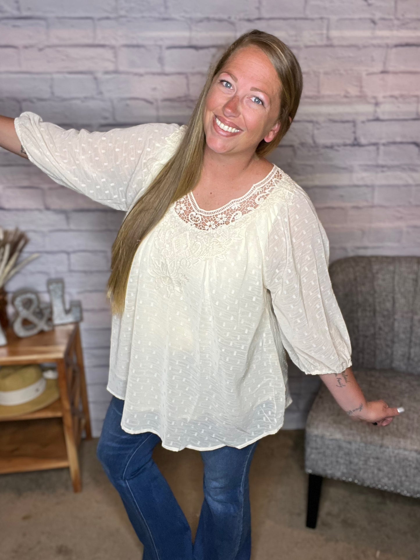 Round Neck Swiss Dotted Crochet Lace Flare Top