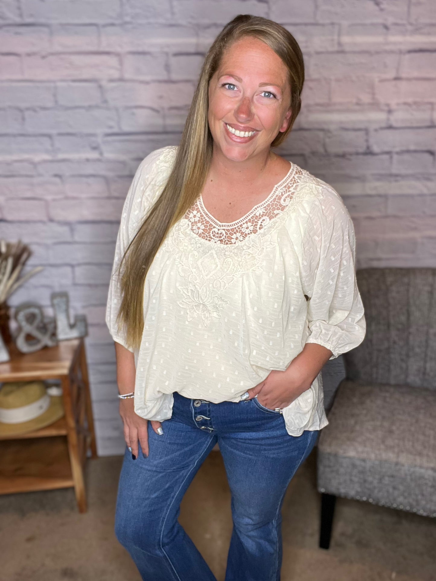 Round Neck Swiss Dotted Crochet Lace Flare Top