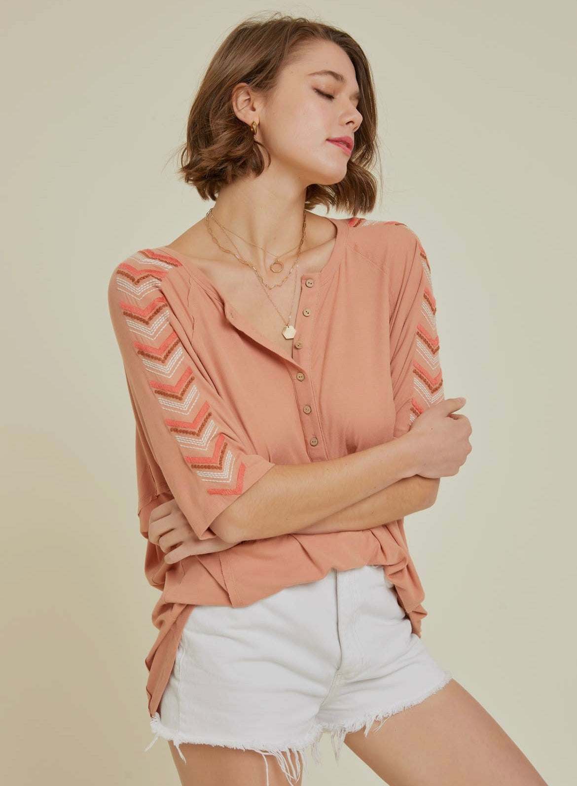 Kimono Sleeved Embroidered Henley Top