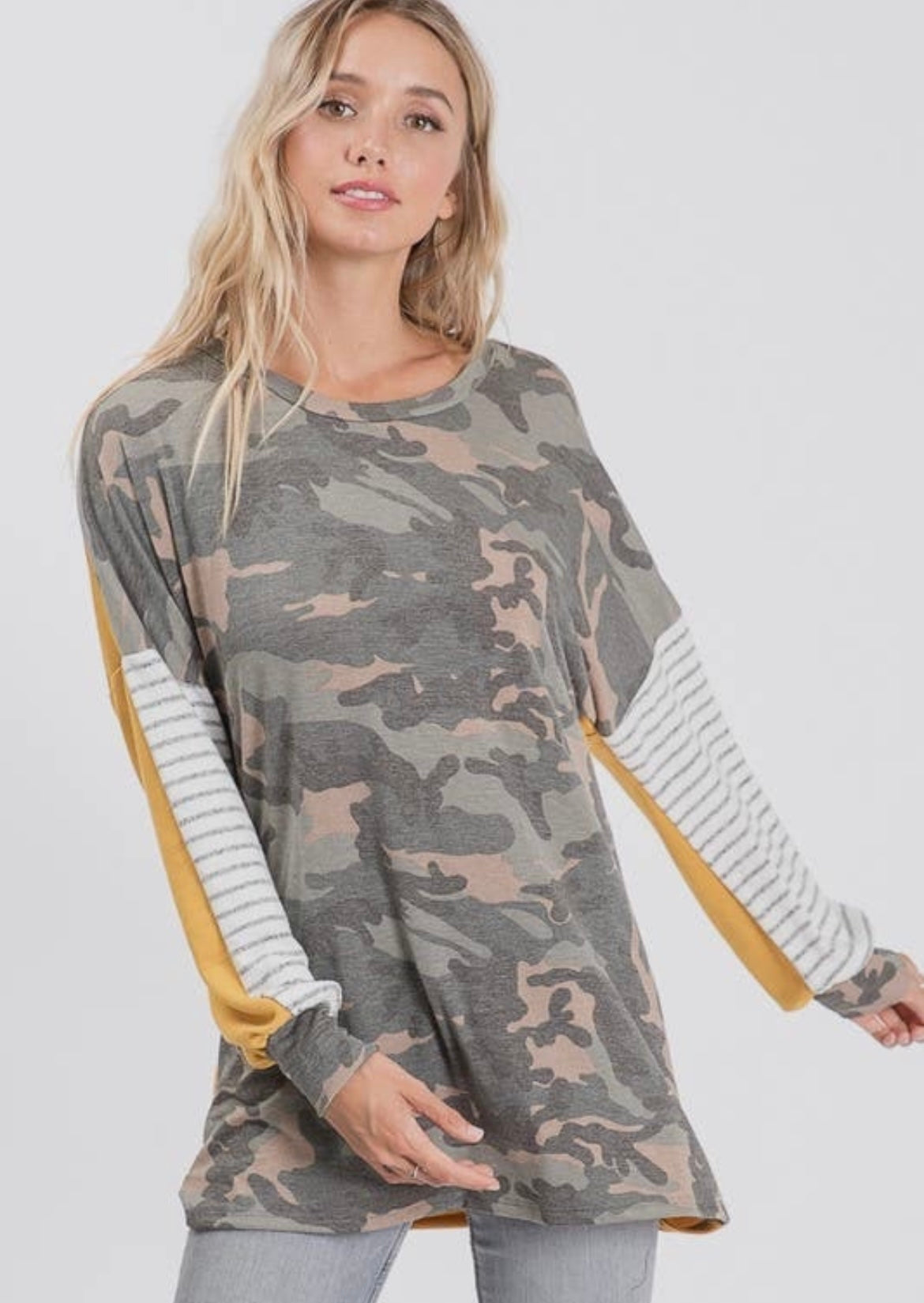 Camo Contrast Color Block Tunic Top