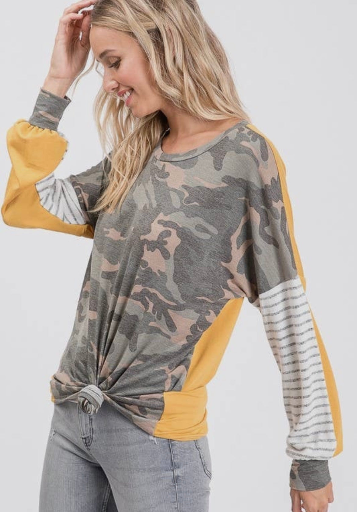 Camo Contrast Color Block Tunic Top