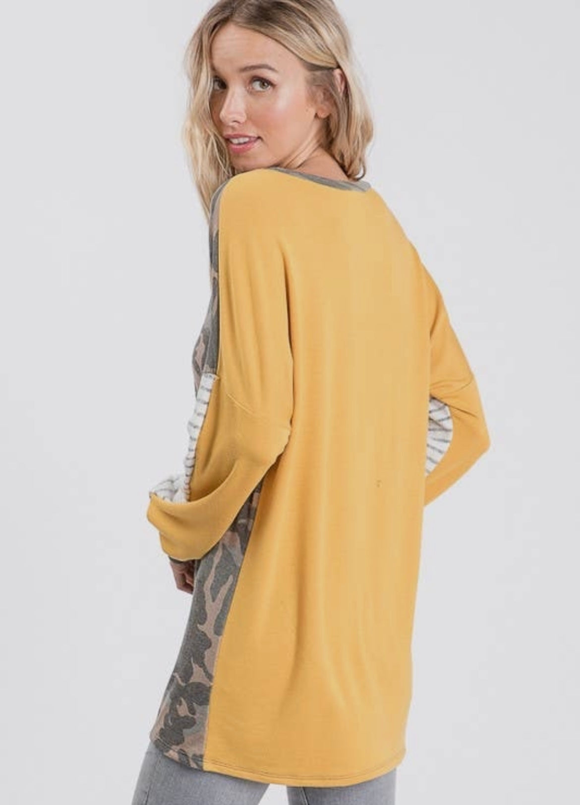 Camo Contrast Color Block Tunic Top