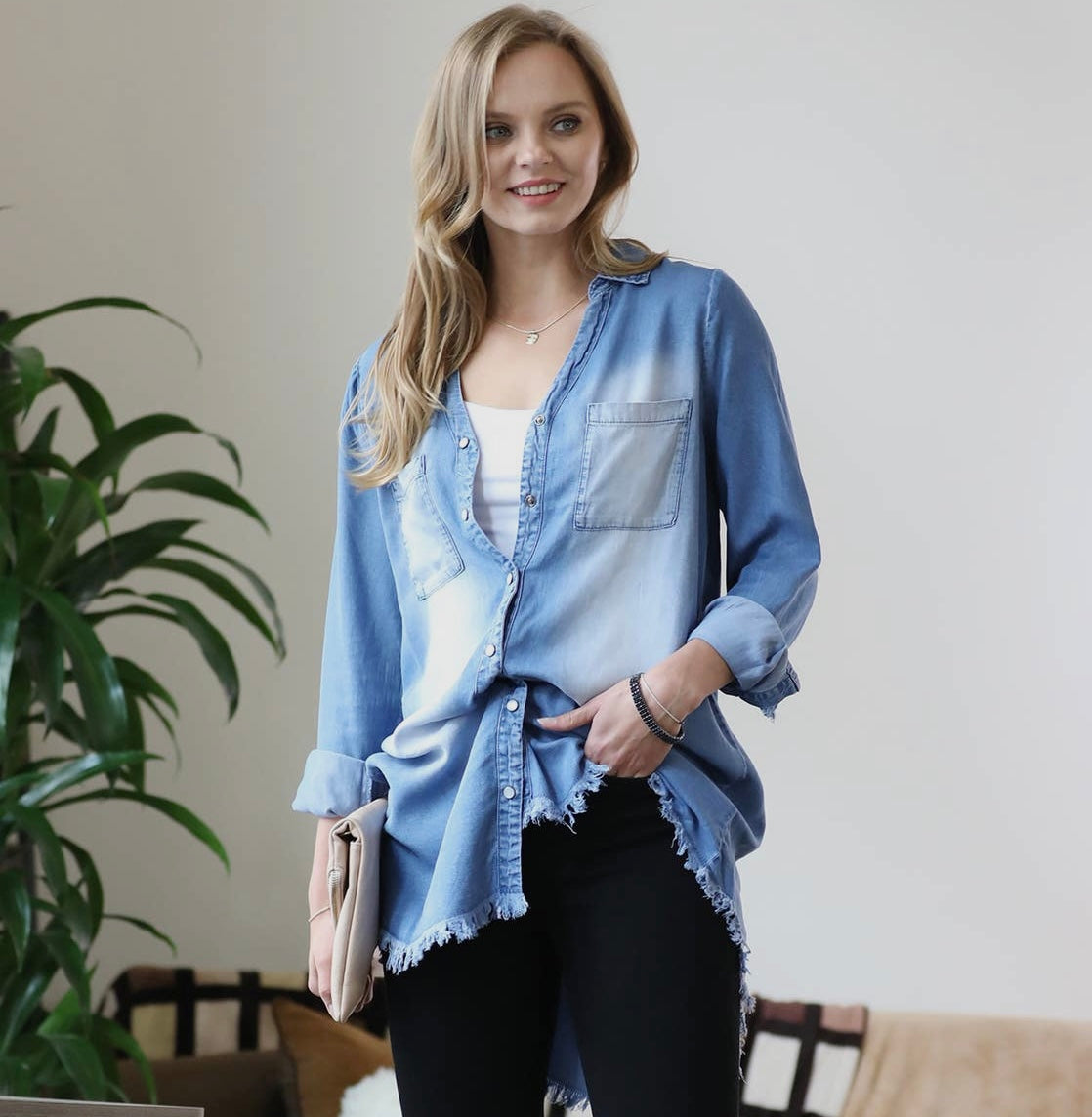 Chambray Frayed Hem Top