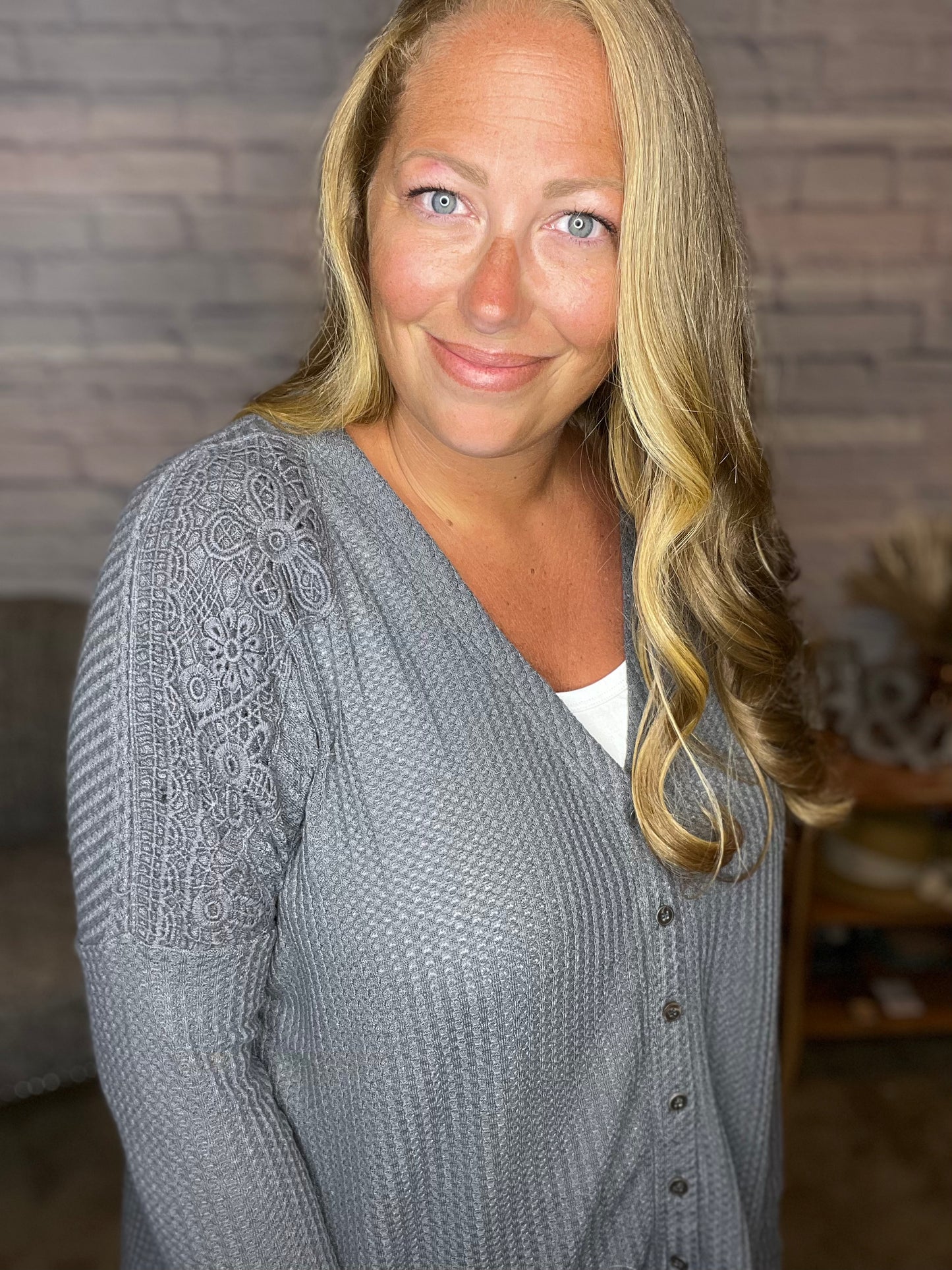 Crochet Lace Knit Button Down Henley Cardigan Top