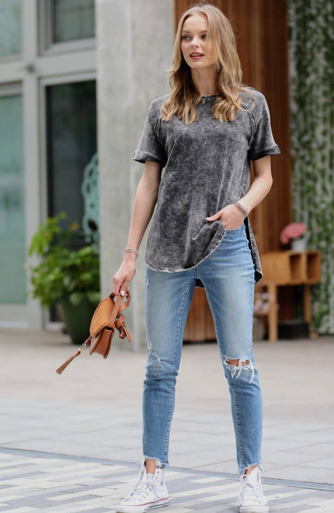 French Terry Washed Cuff Sleeve Top