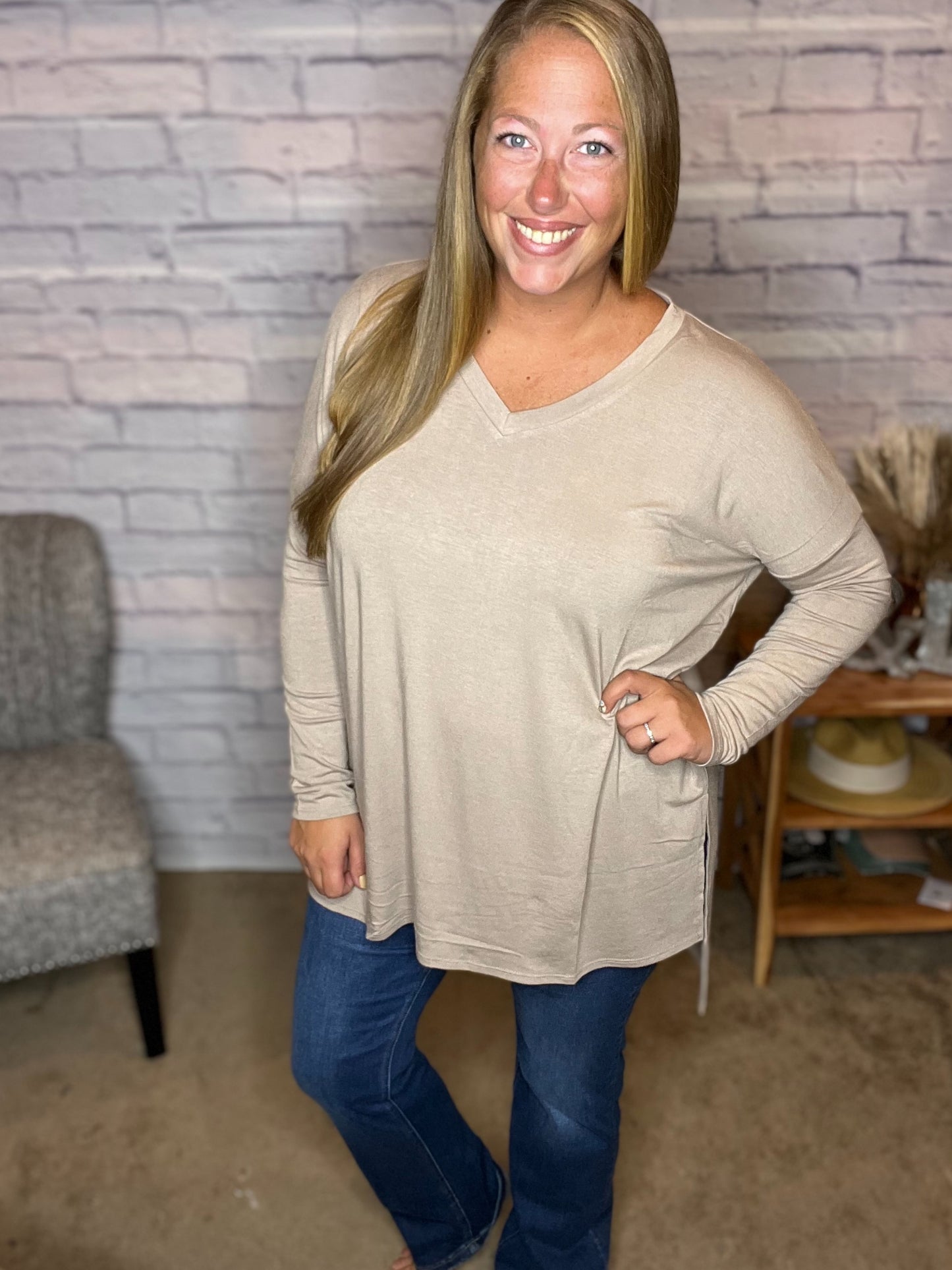Doorbuster! Dolman Long Sleeve V-Neck Side Slit Hi-Low Hem Top! 2 Color Options!