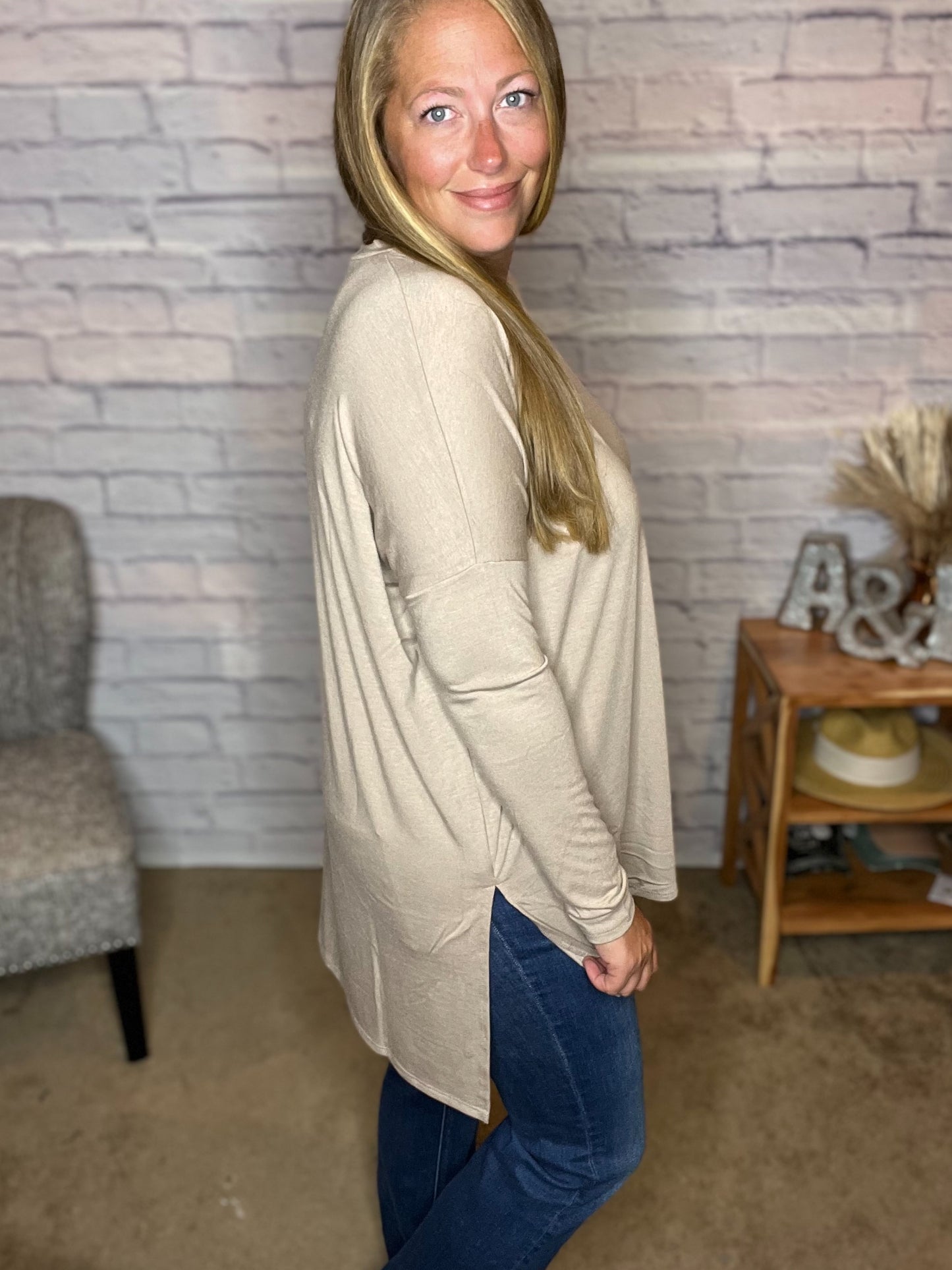 Doorbuster! Dolman Long Sleeve V-Neck Side Slit Hi-Low Hem Top! 2 Color Options!
