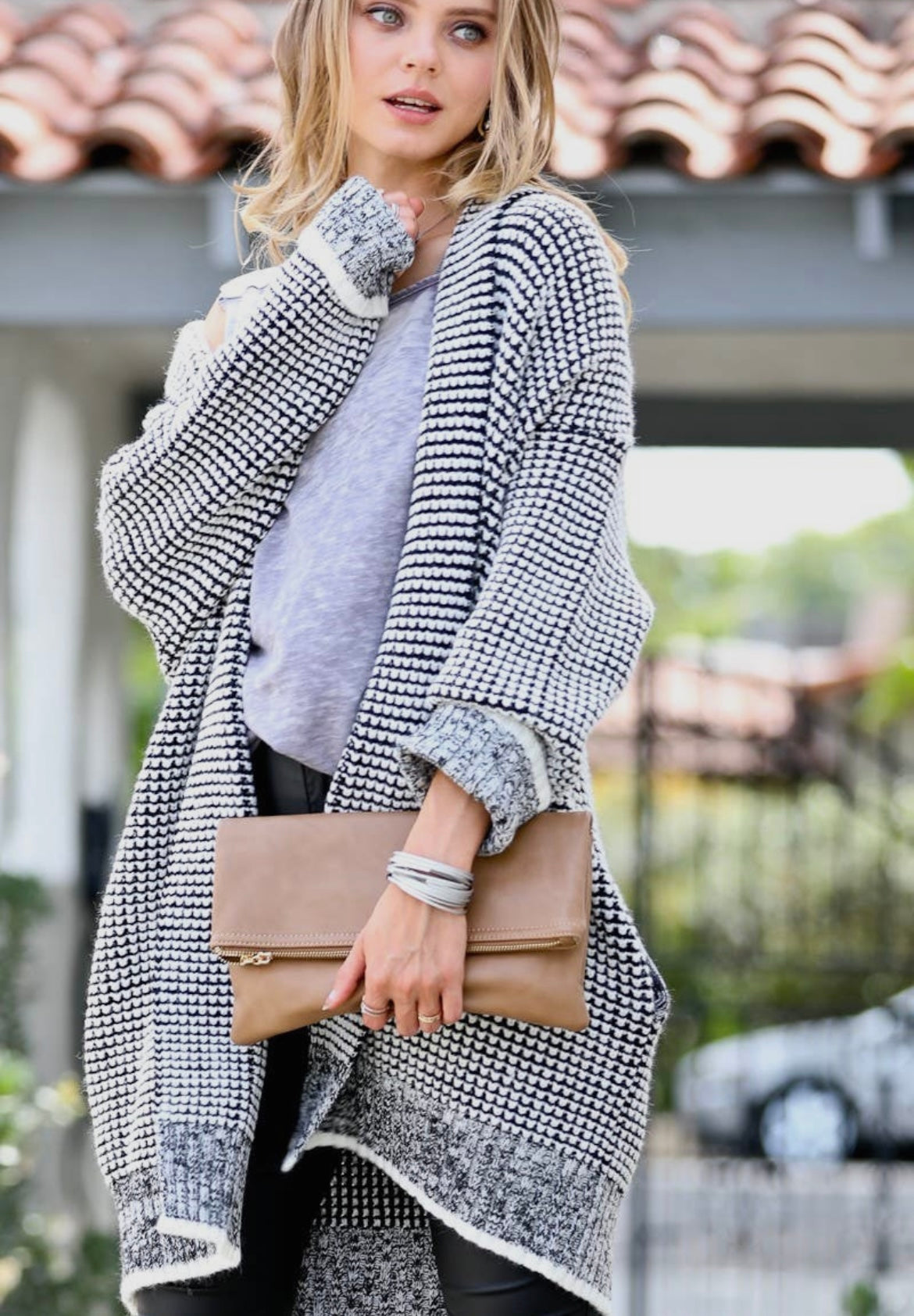 Plaid Pattern Open Front Knitted Cardi with Pockets!