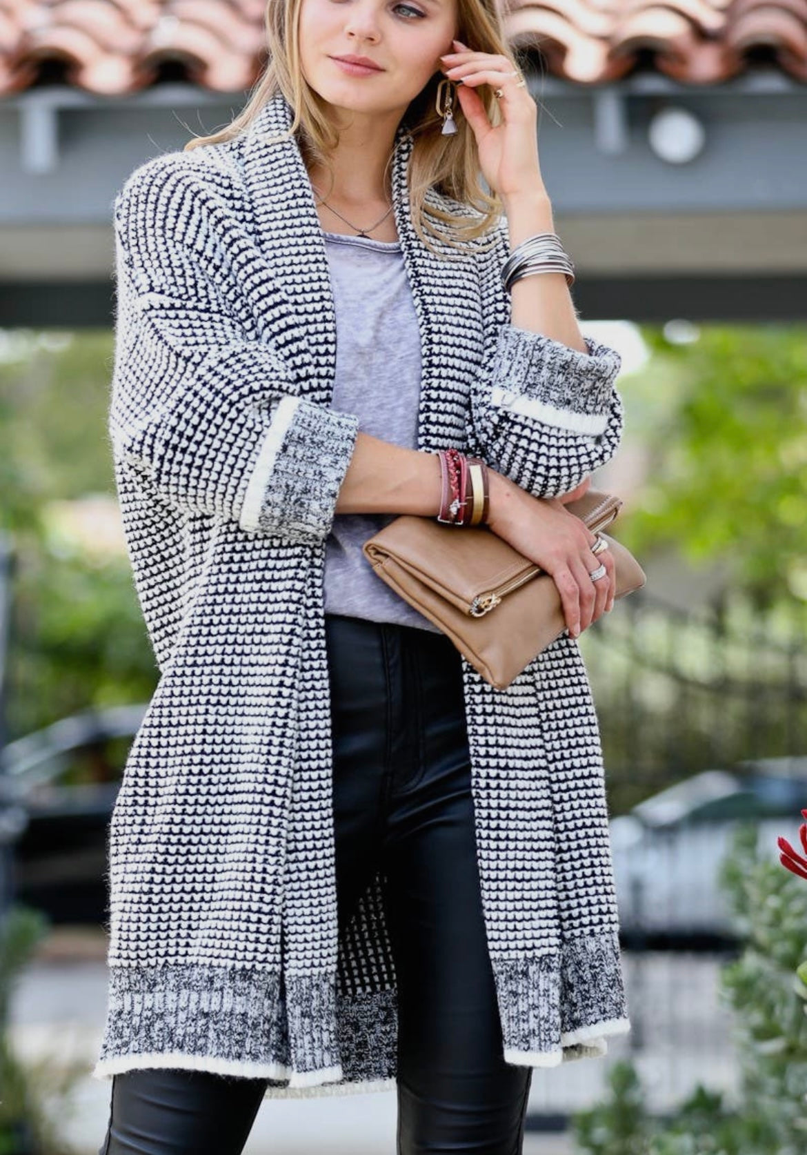 Plaid Pattern Open Front Knitted Cardi with Pockets!