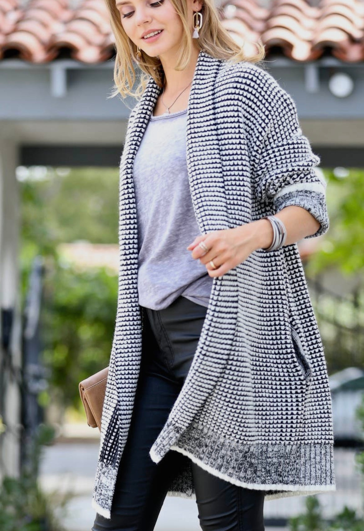 Plaid Pattern Open Front Knitted Cardi with Pockets!