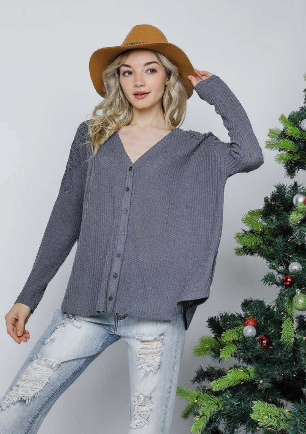 Crochet Lace Knit Button Down Henley Cardigan Top