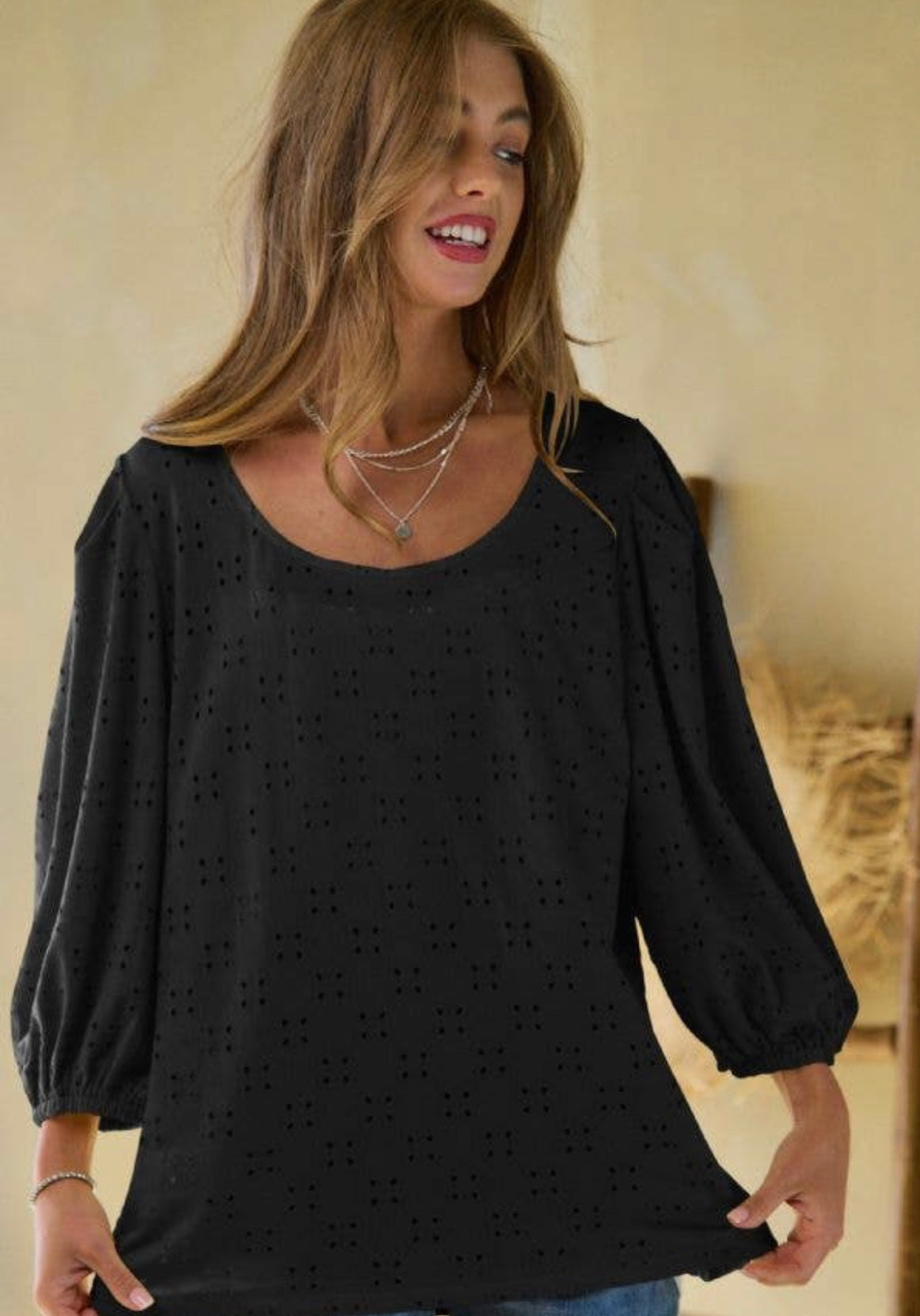 Eyelet Round Neck Midi Sleeve Top
