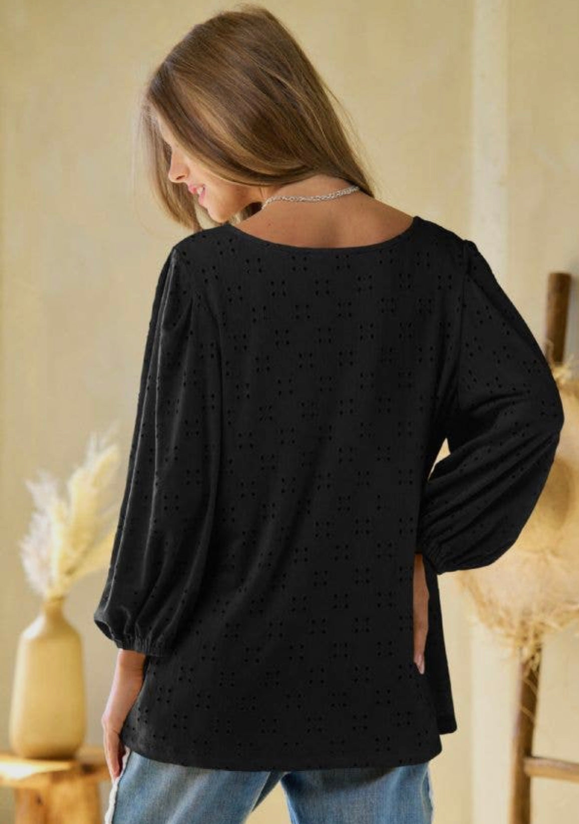 Eyelet Round Neck Midi Sleeve Top