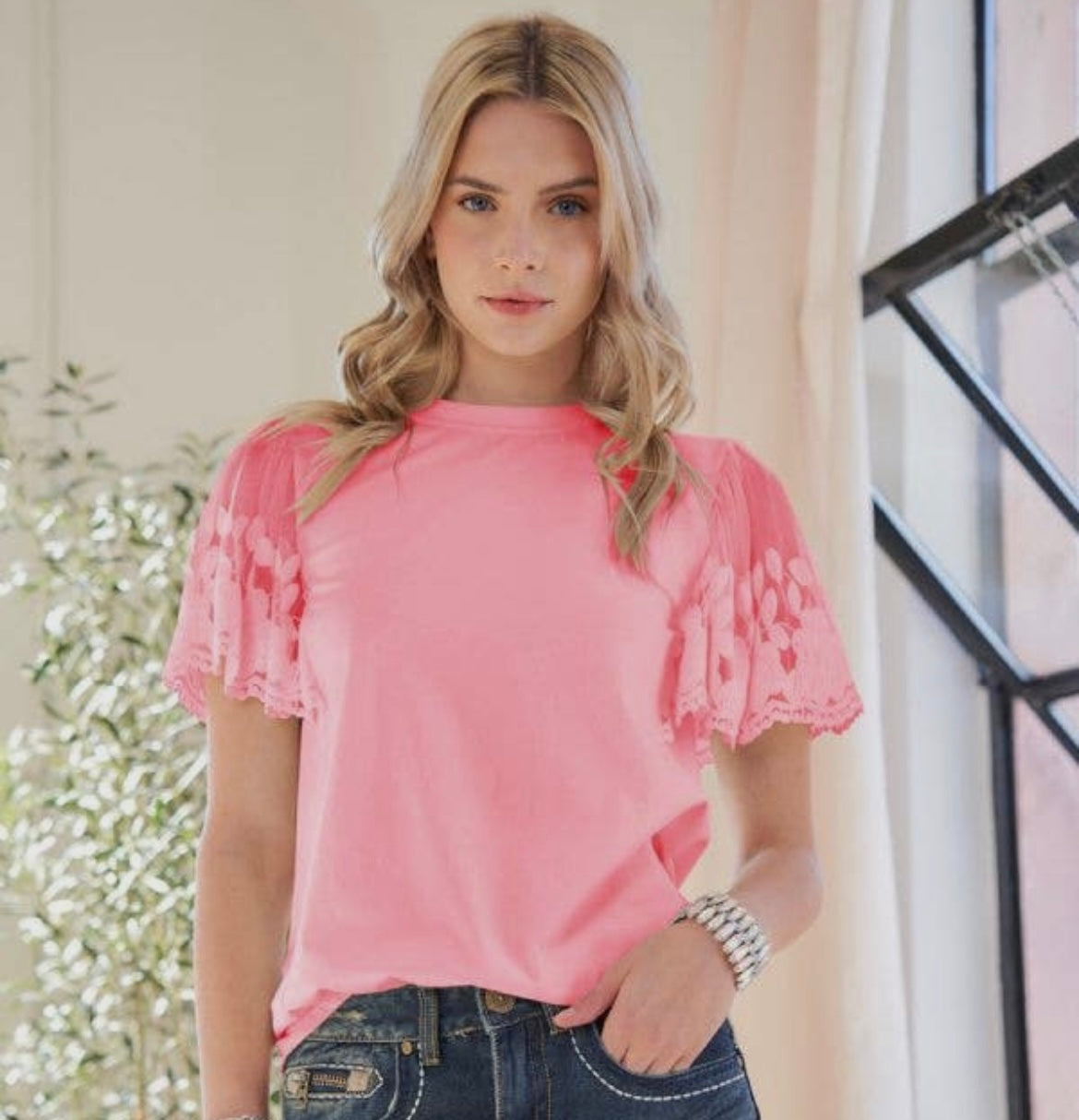Flowy Short Sleeve Top With Fringe Detail