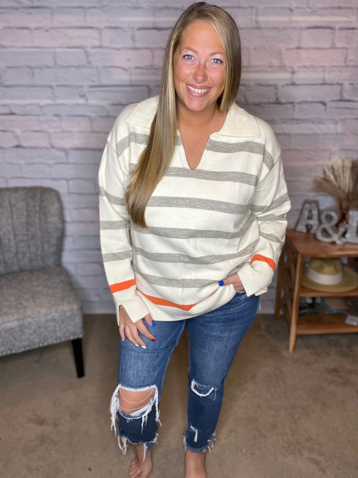 Stripe V Neck Loose Fit Knit Sweater