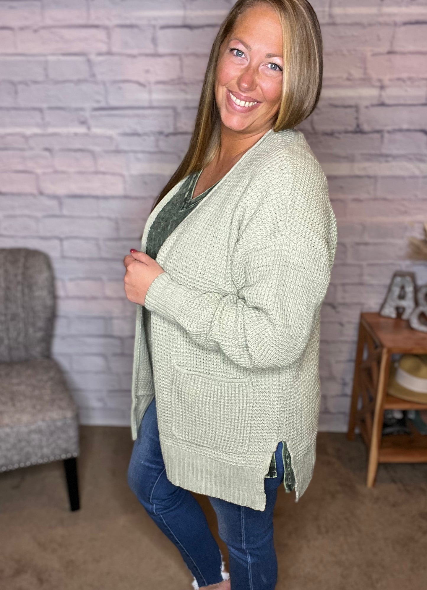 Light Sage Waffle Cardi