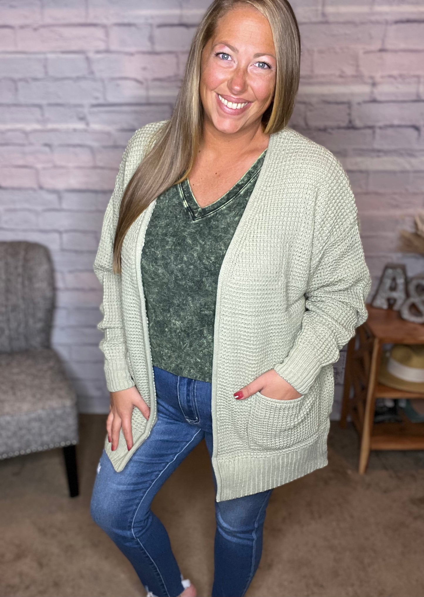 Light Sage Waffle Cardi
