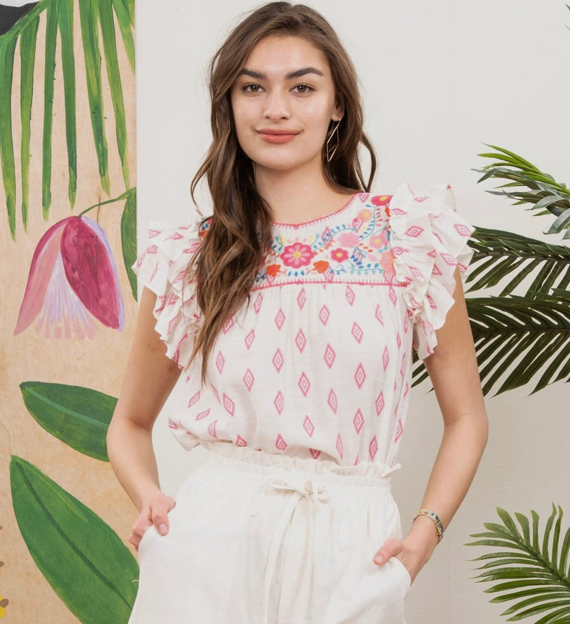 Embroidered Ruffle Sleeve Woven Top