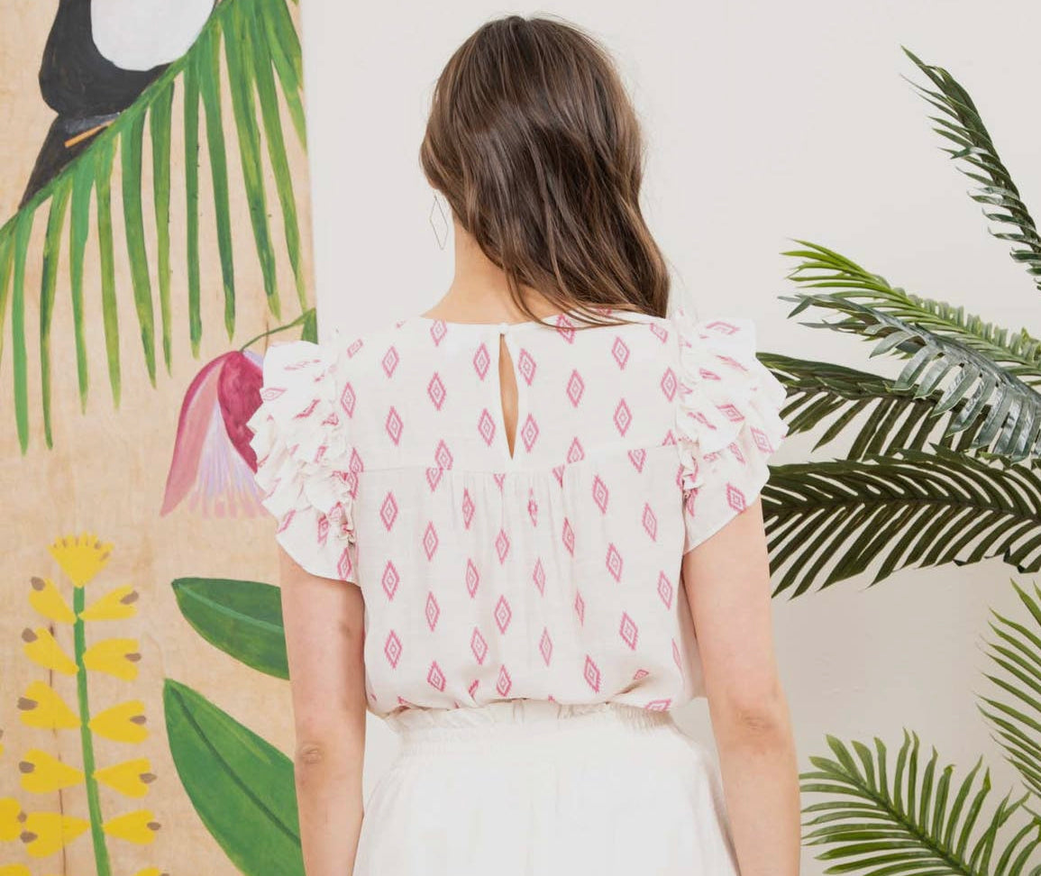 Embroidered Ruffle Sleeve Woven Top