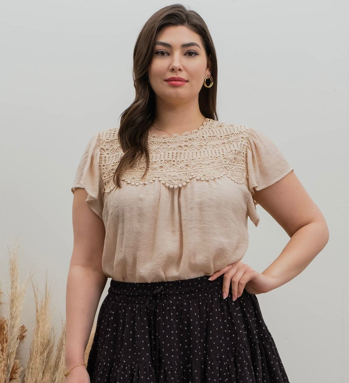 Lace Contrast Woven Top