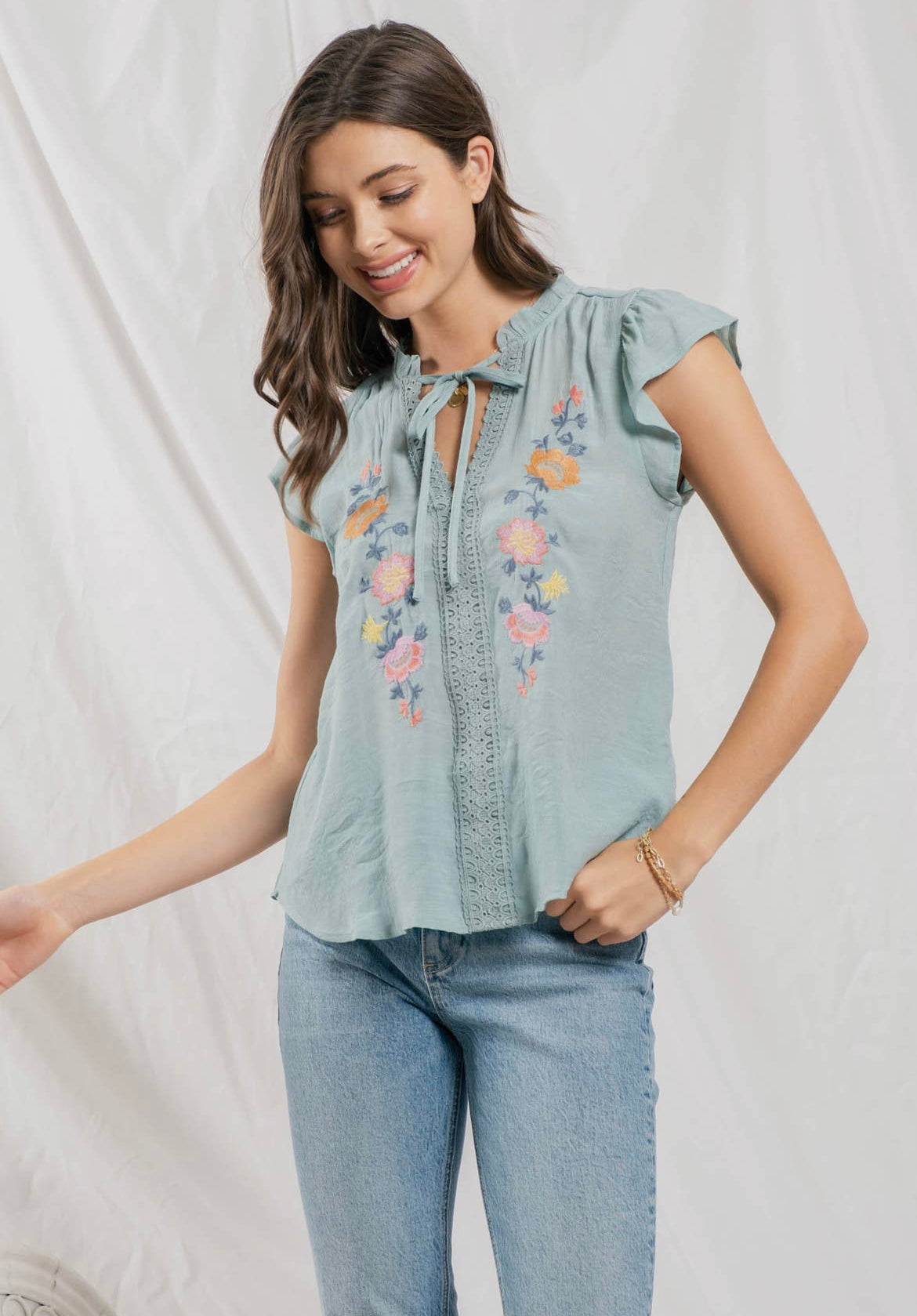 Neck Tie Embroidered Top